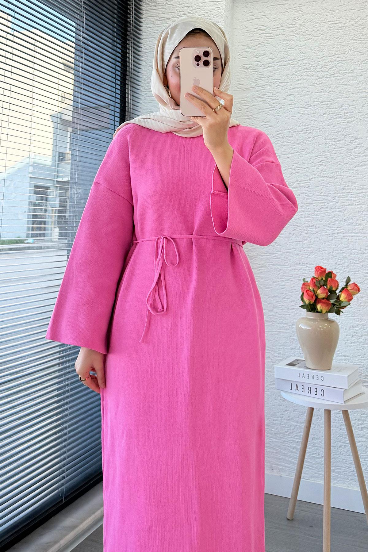 Premium Amore Çelik Örme Kuşaklı Triko Elbise - Pembe