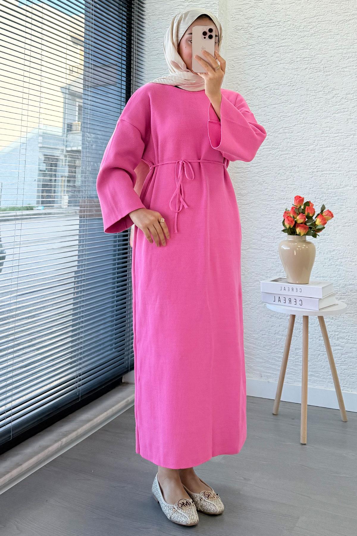 Premium Amore Çelik Örme Kuşaklı Triko Elbise - Pembe