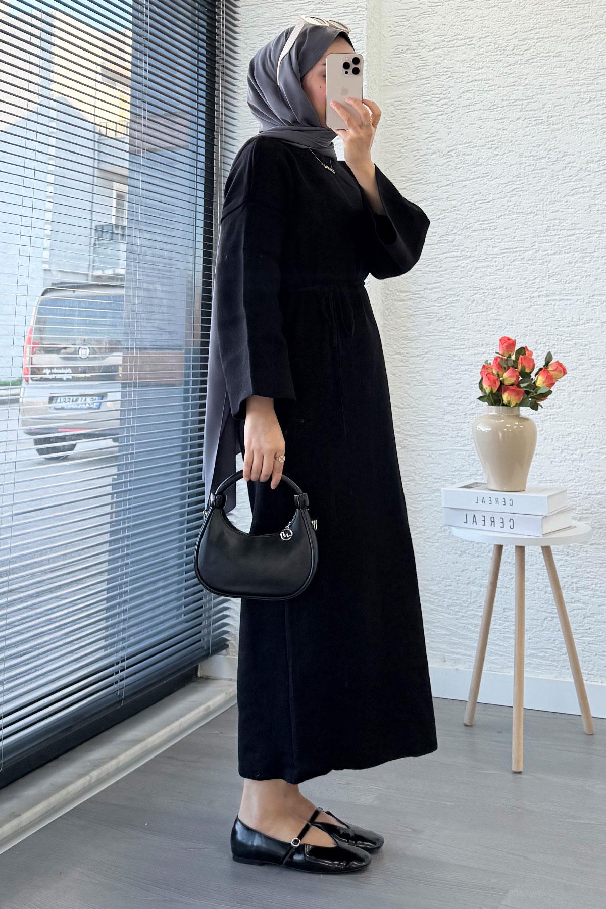 Premium Amore Çelik Örme Kuşaklı Triko Elbise - Siyah