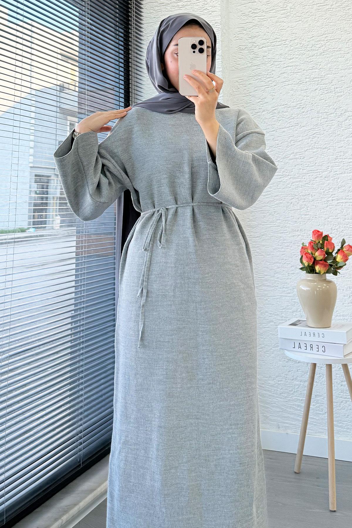 Premium Amore Çelik Örme Kuşaklı Triko Elbise - Gri