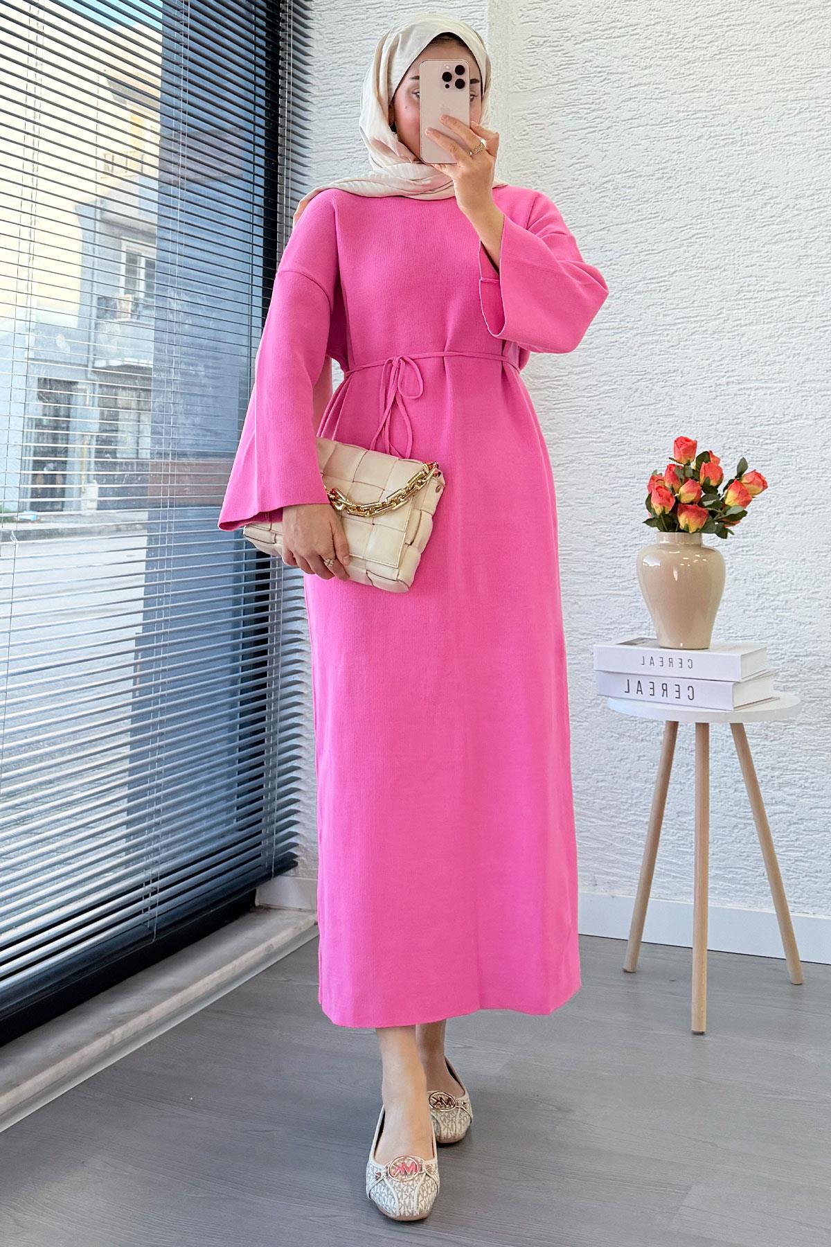 Premium Amore Çelik Örme Kuşaklı Triko Elbise - Pembe
