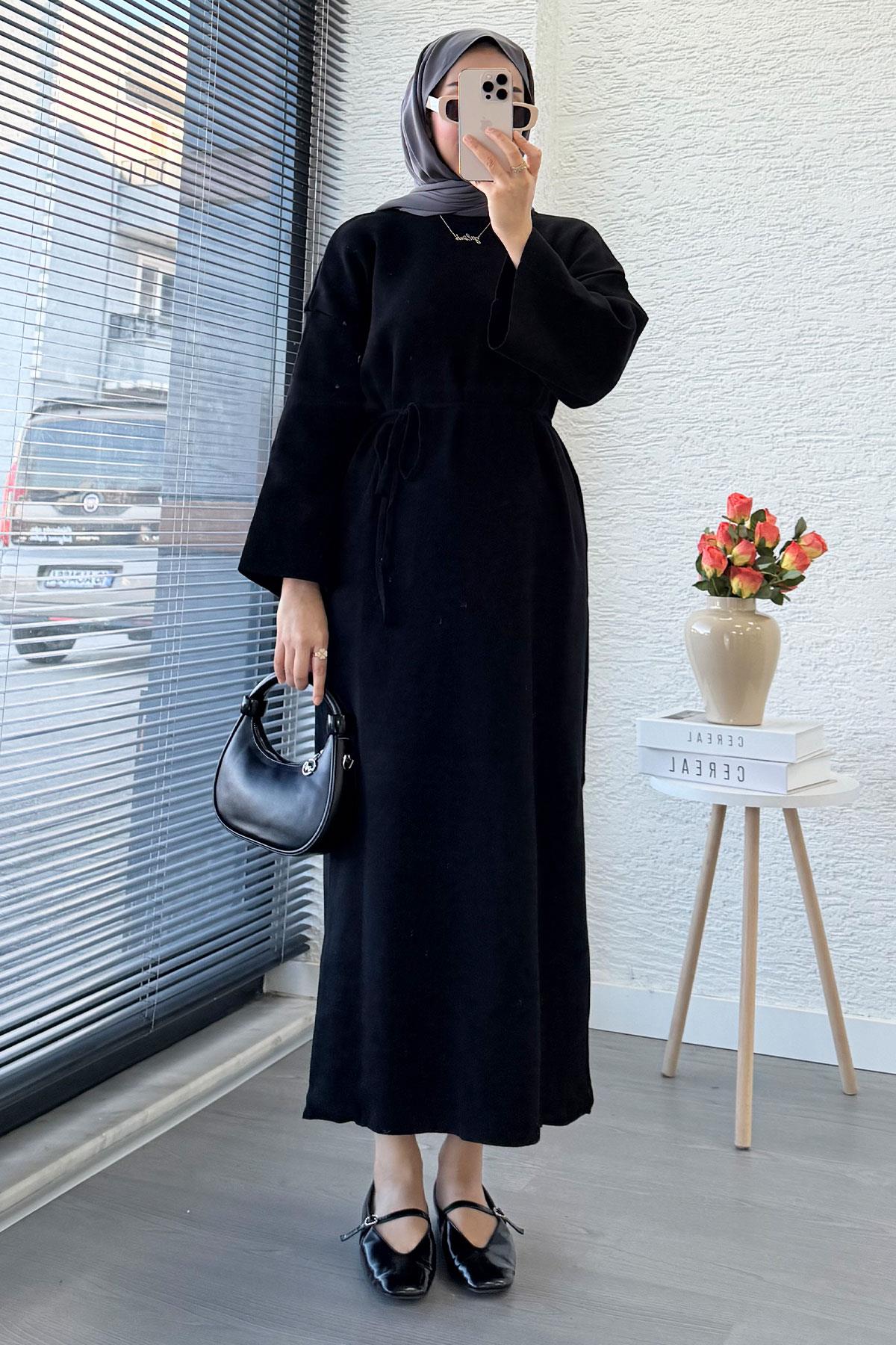 Premium Amore Çelik Örme Kuşaklı Triko Elbise - Siyah