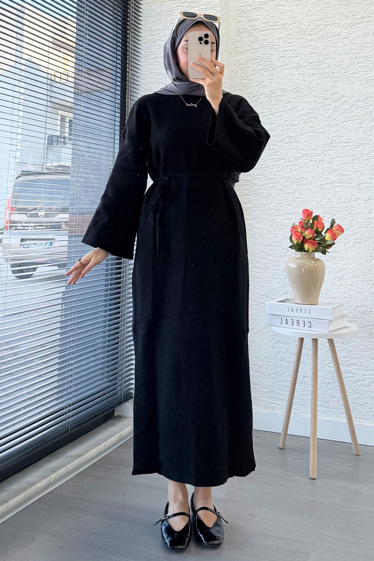 Premium Amore Çelik Örme Kuşaklı Triko Elbise - Siyah