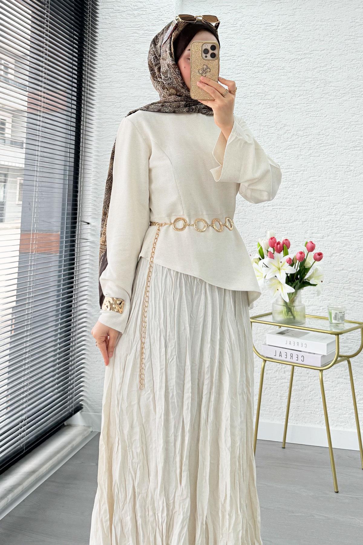 Premium Asimetrik Kesim Keten Etekli Takım - Krem