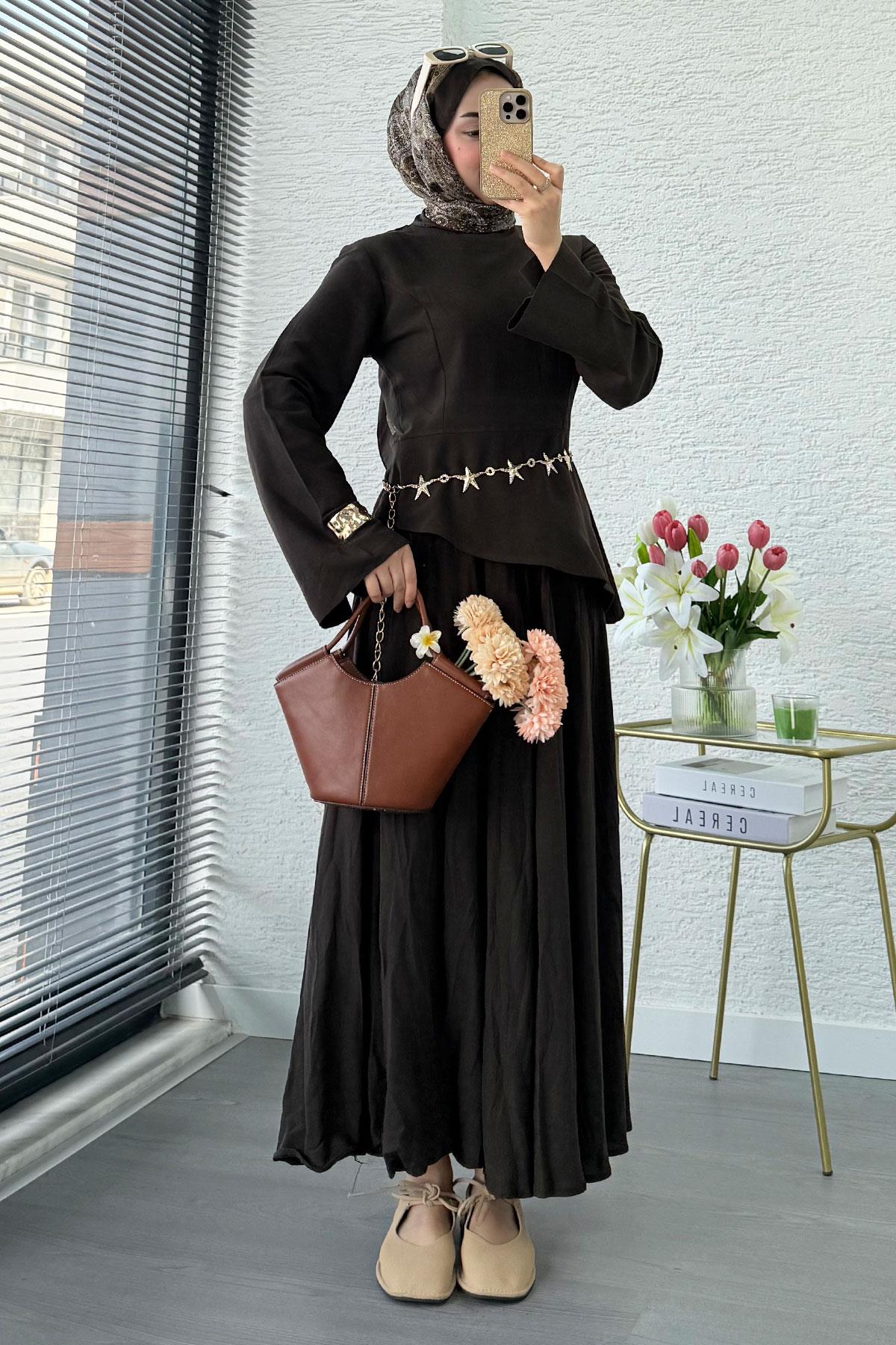 Premium Asimetrik Kesim Keten Etekli Takım - Acı Kahve