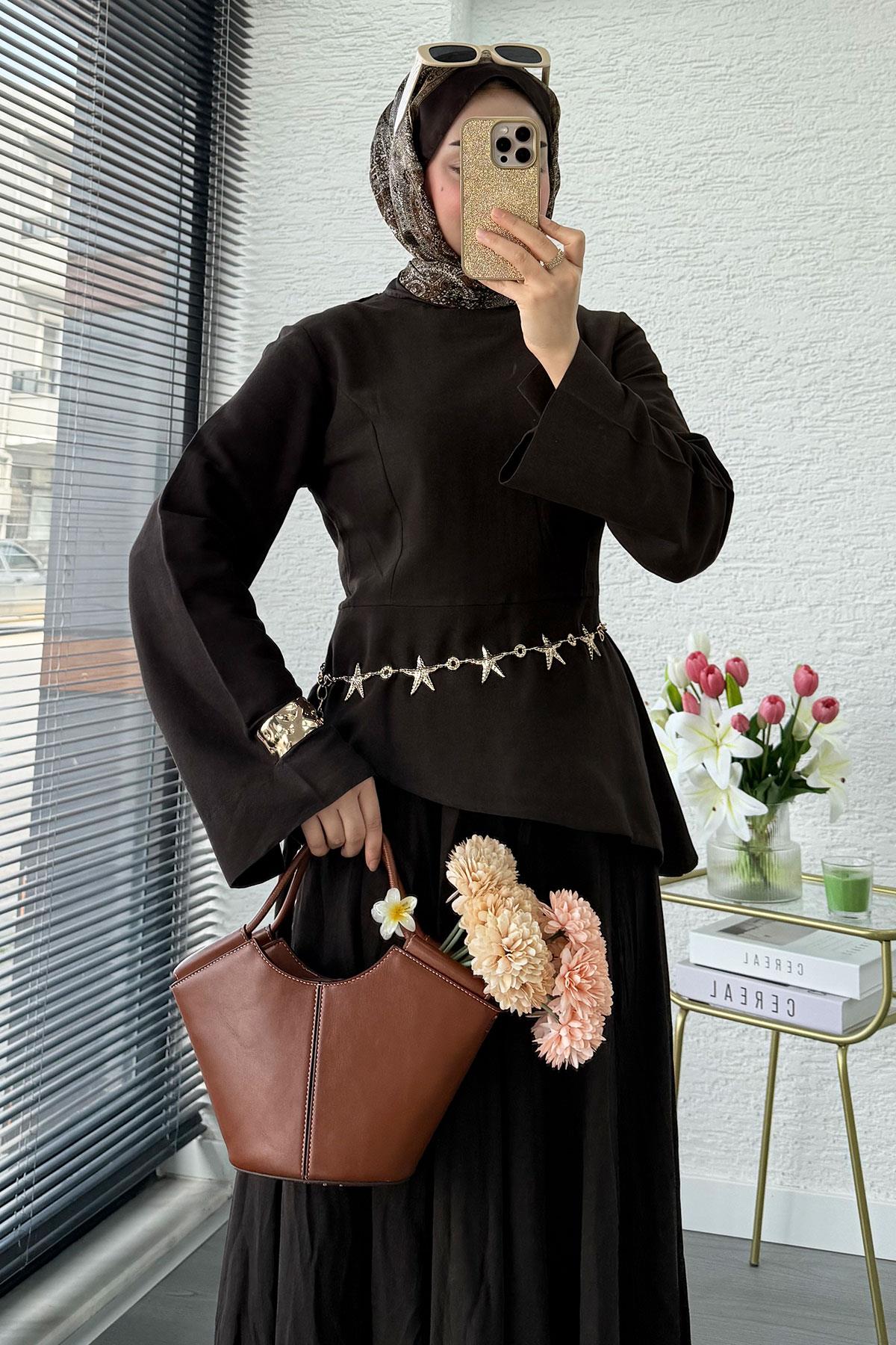 Premium Asimetrik Kesim Keten Etekli Takım - Acı Kahve