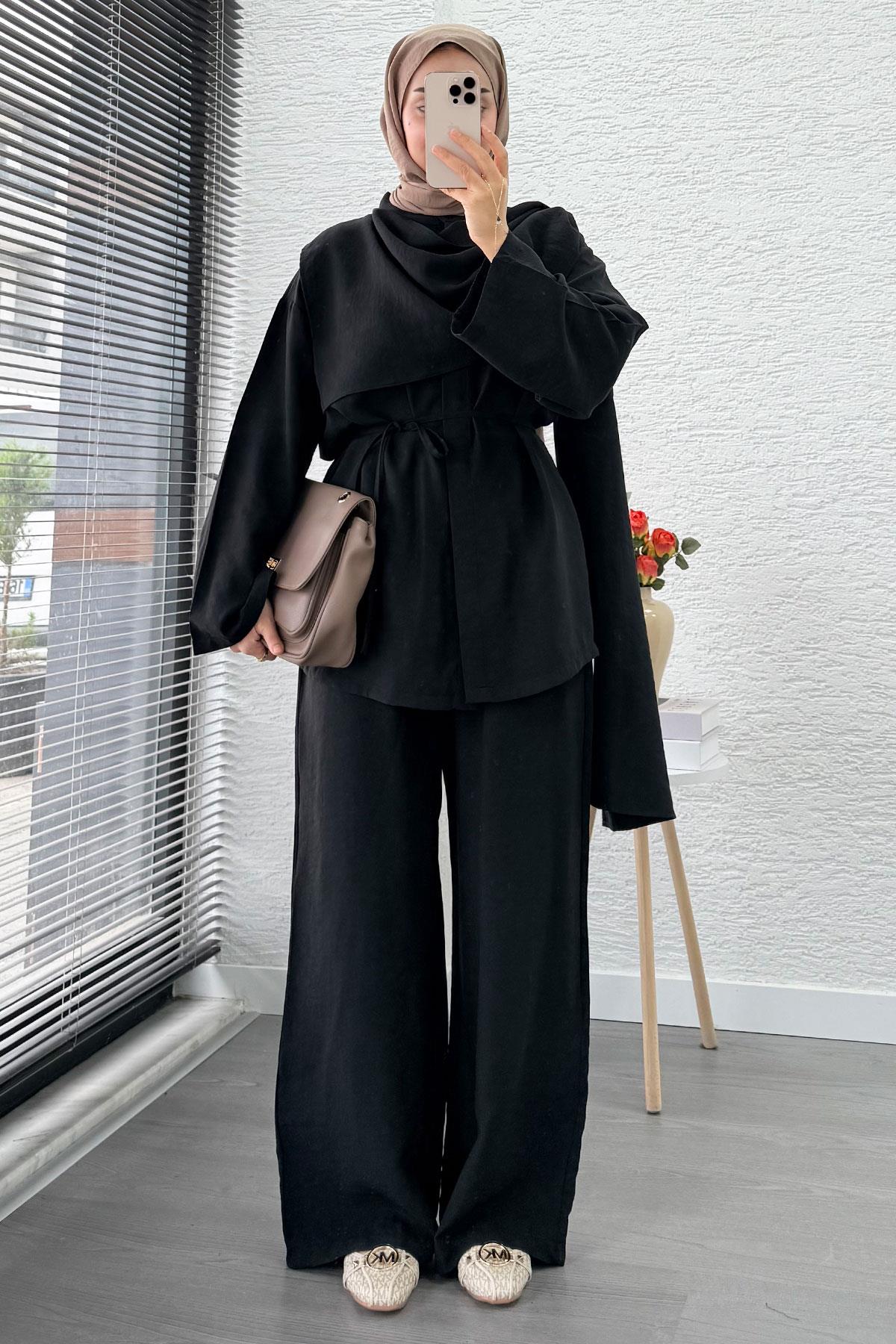 Premıum Atkı Detaylı Kemerli Kadın İkili Takım - Siyah