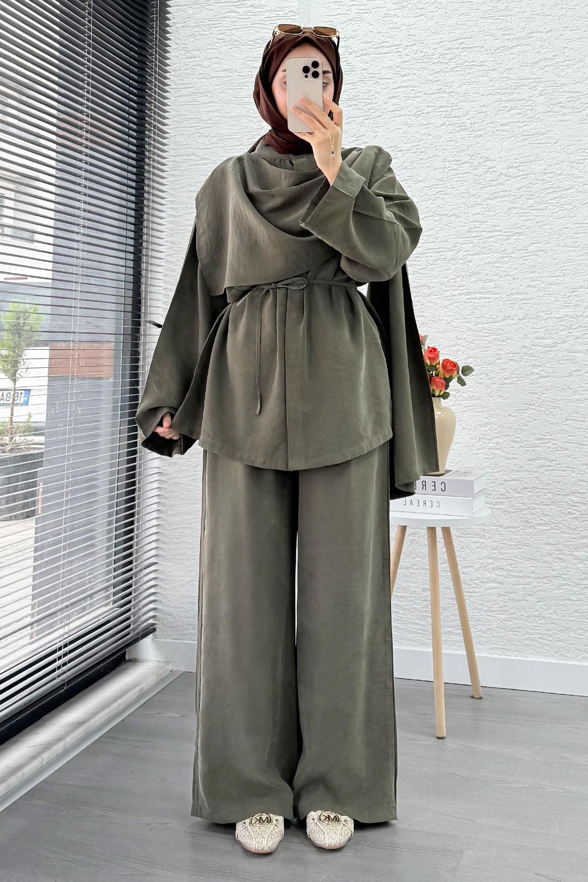 Premıum Atkı Detaylı Kemerli Kadın İkili Takım - Haki