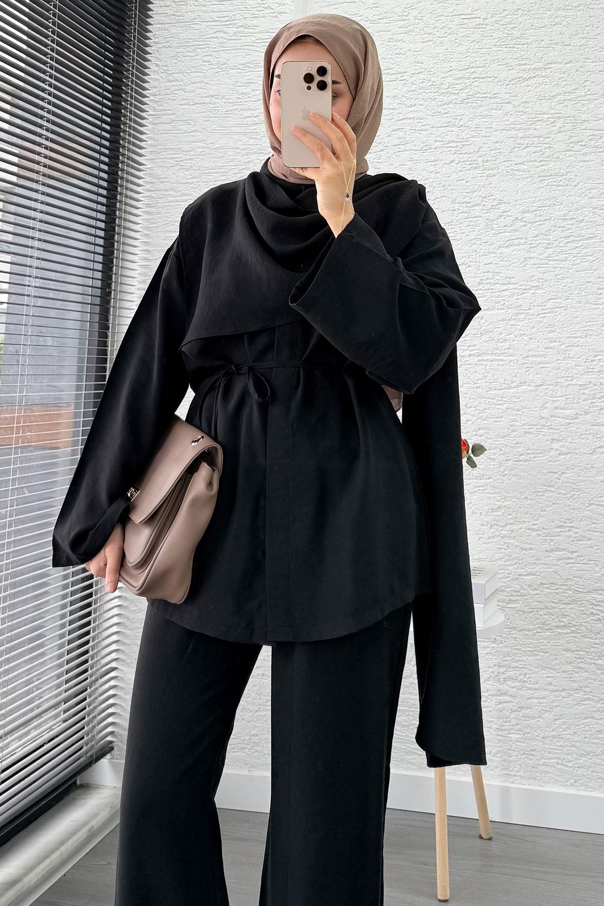 Premıum Atkı Detaylı Kemerli Kadın İkili Takım - Siyah