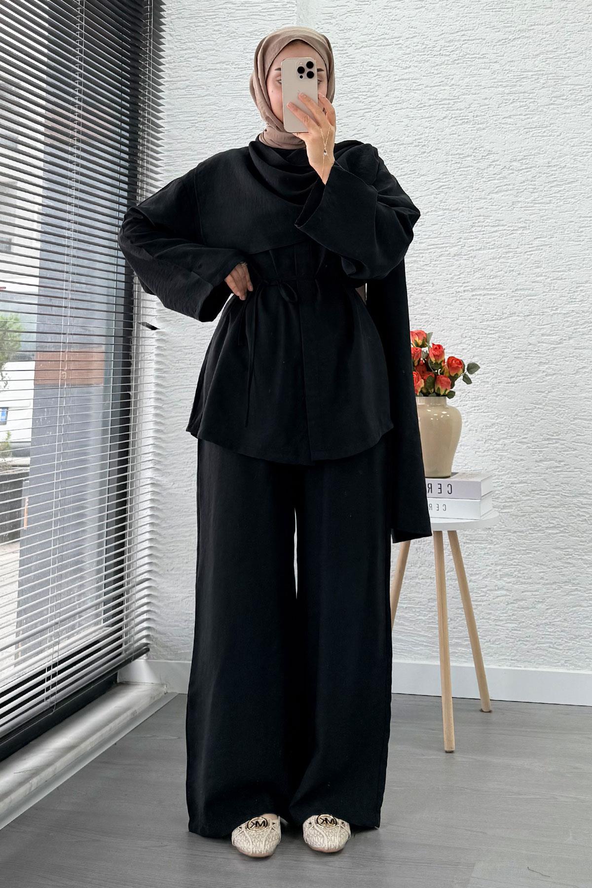 Premıum Atkı Detaylı Kemerli Kadın İkili Takım - Siyah