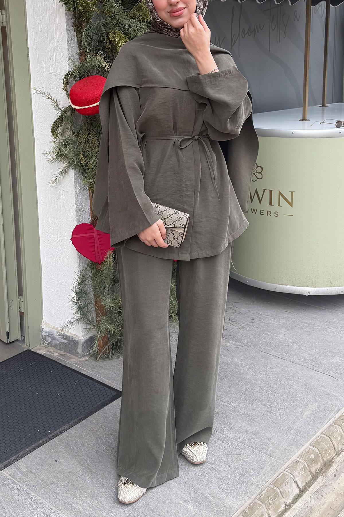 Premıum Atkı Detaylı Kemerli Kadın İkili Takım - Haki