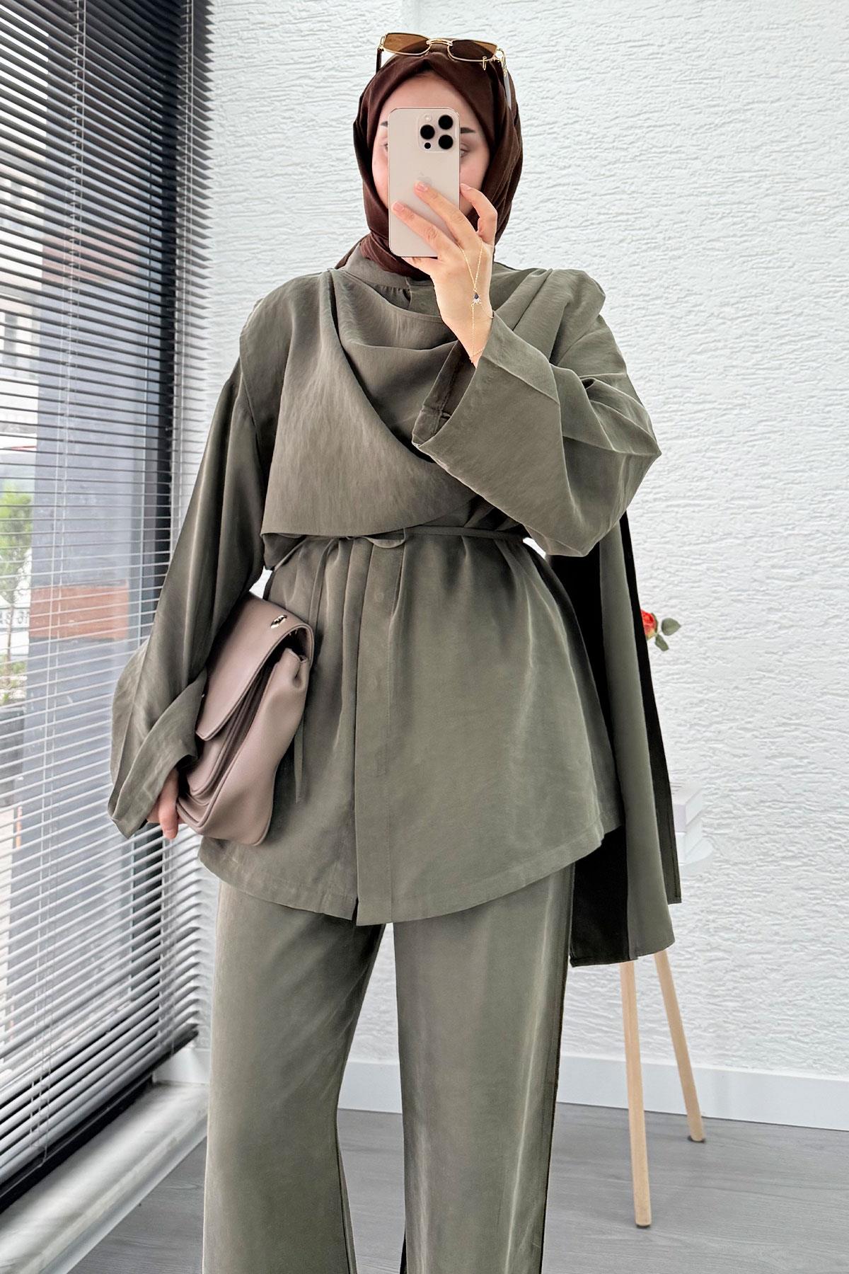 Premıum Atkı Detaylı Kemerli Kadın İkili Takım - Haki