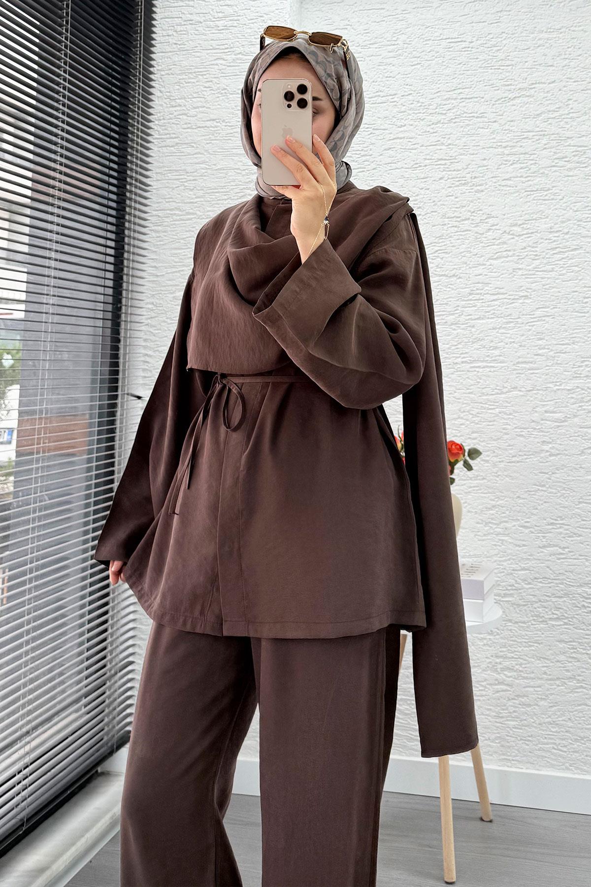 Premıum Atkı Detaylı Kemerli Kadın İkili Takım - Kahverengi