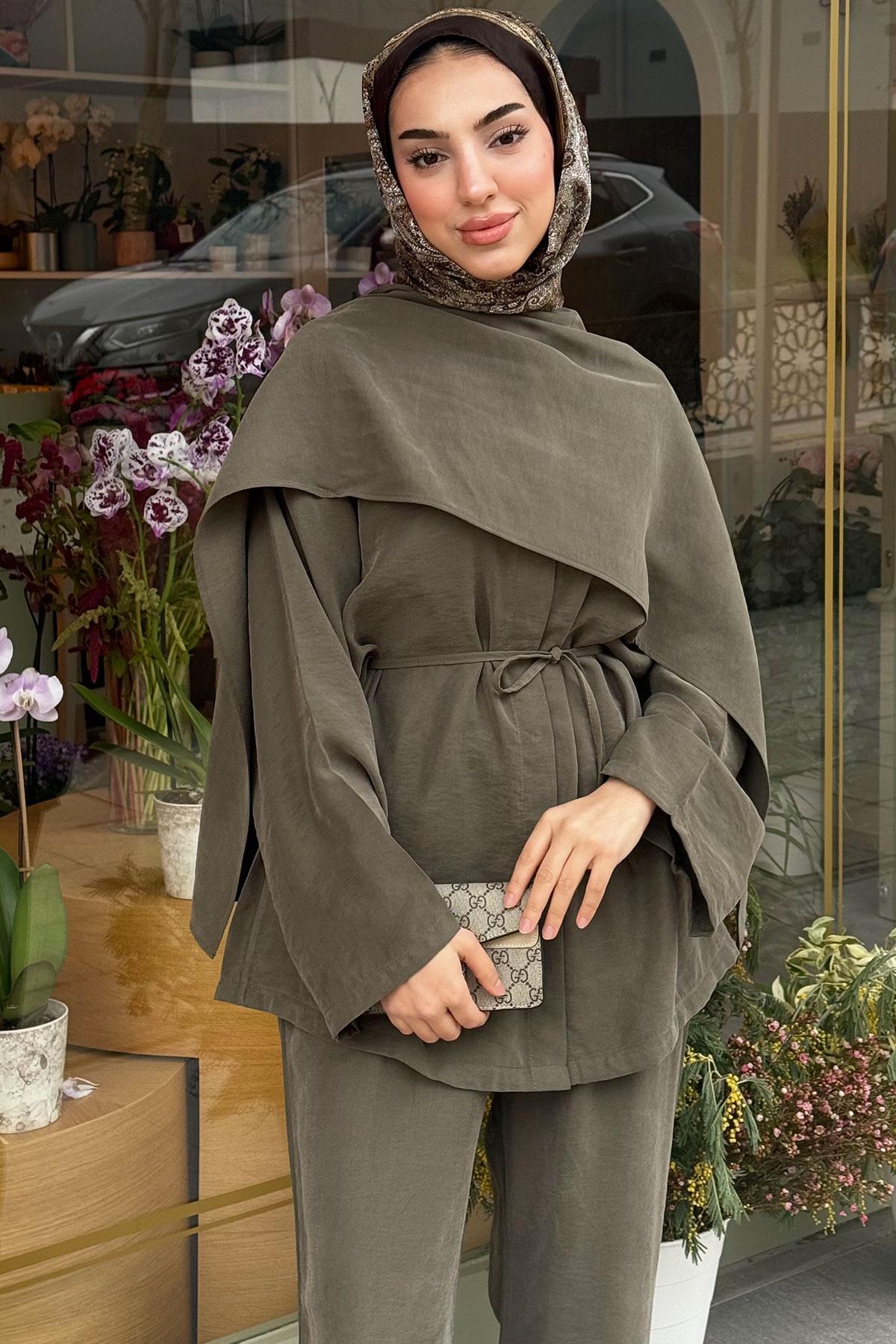 Premıum Atkı Detaylı Kemerli Kadın İkili Takım - Haki