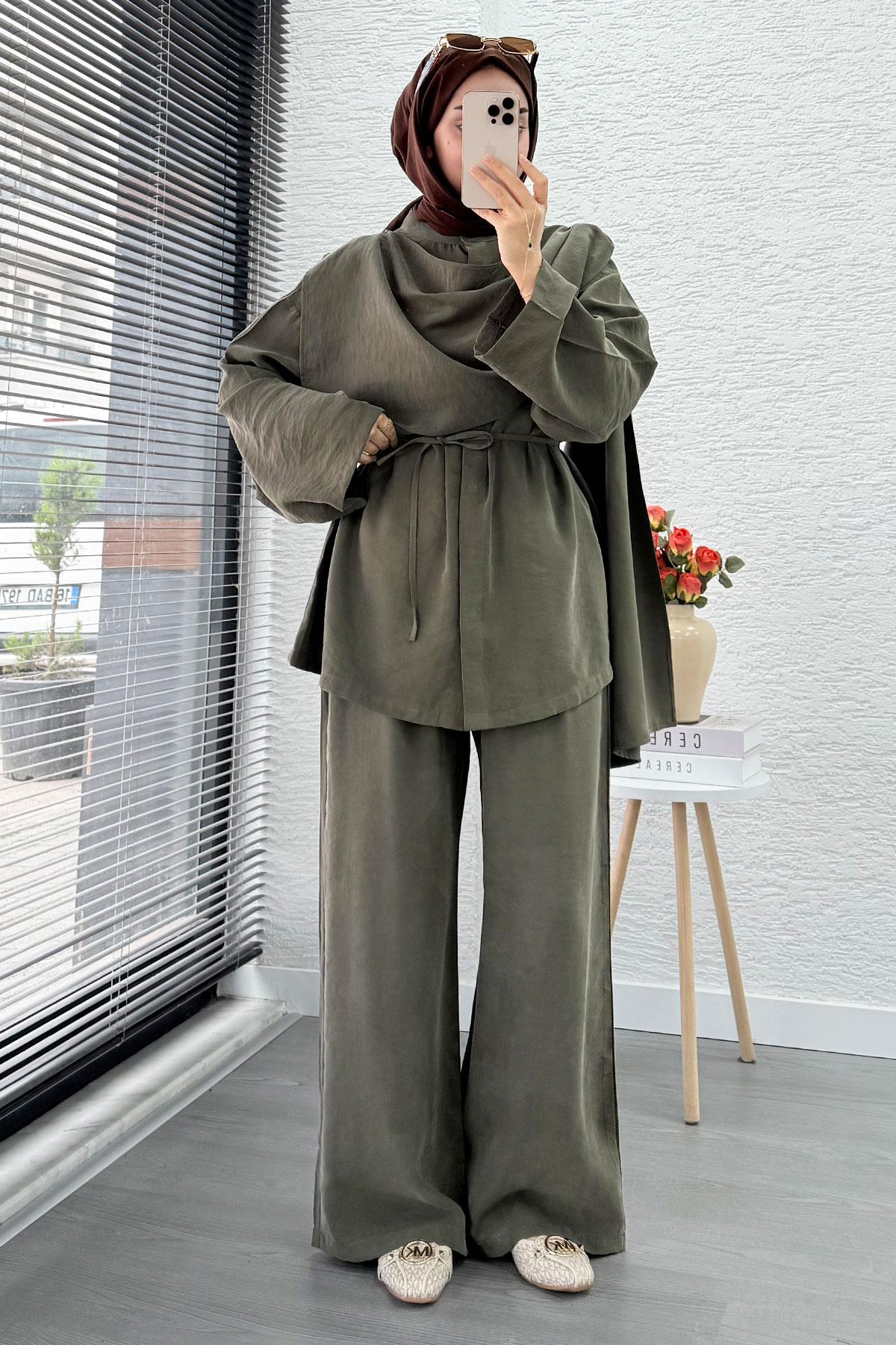 Premıum Atkı Detaylı Kemerli Kadın İkili Takım - Haki