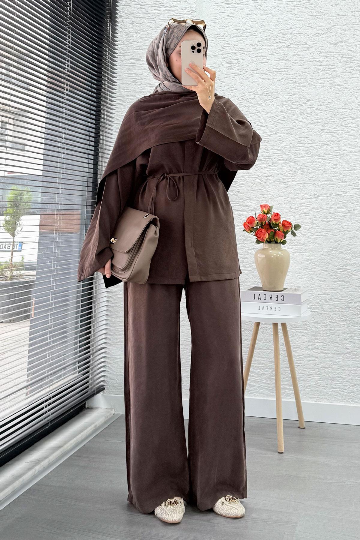 Premıum Atkı Detaylı Kemerli Kadın İkili Takım - Kahverengi