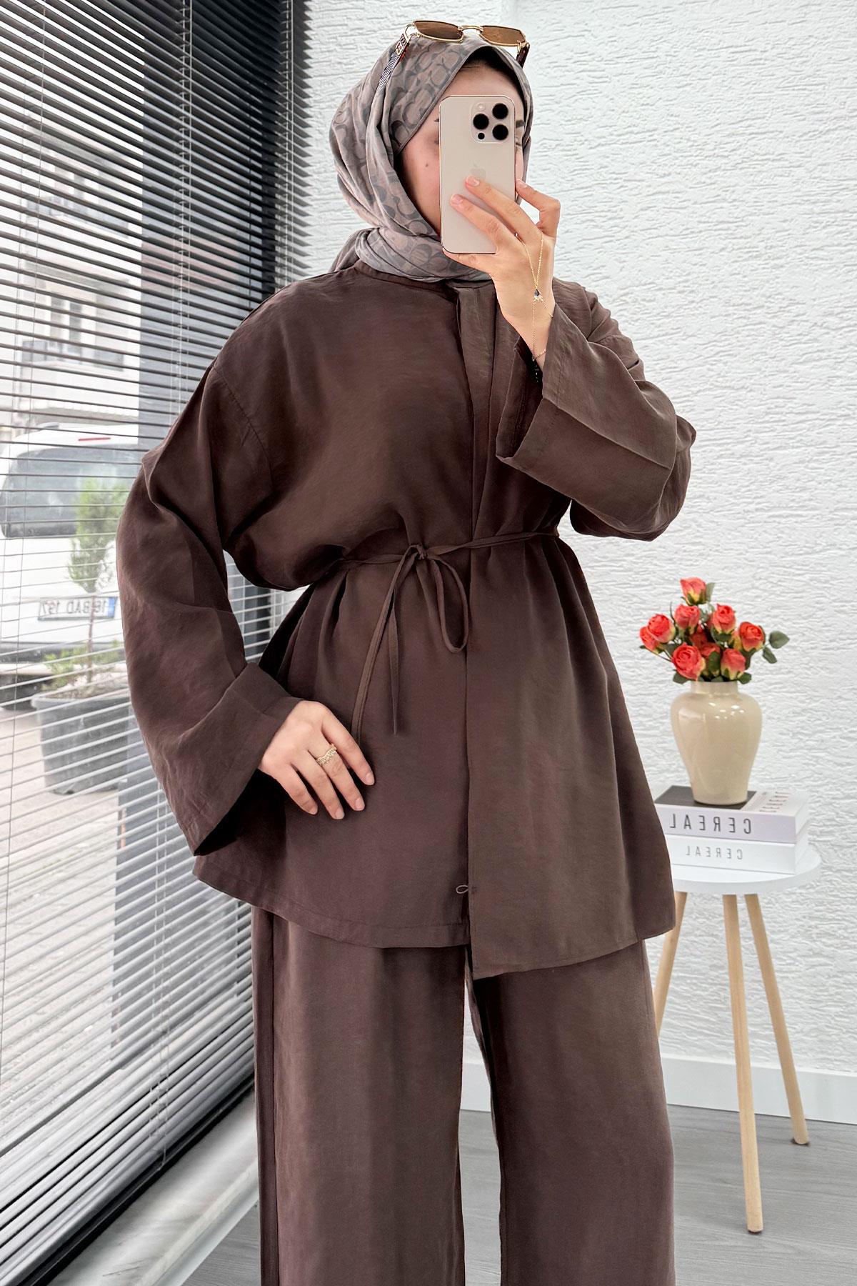 Premıum Atkı Detaylı Kemerli Kadın İkili Takım - Kahverengi