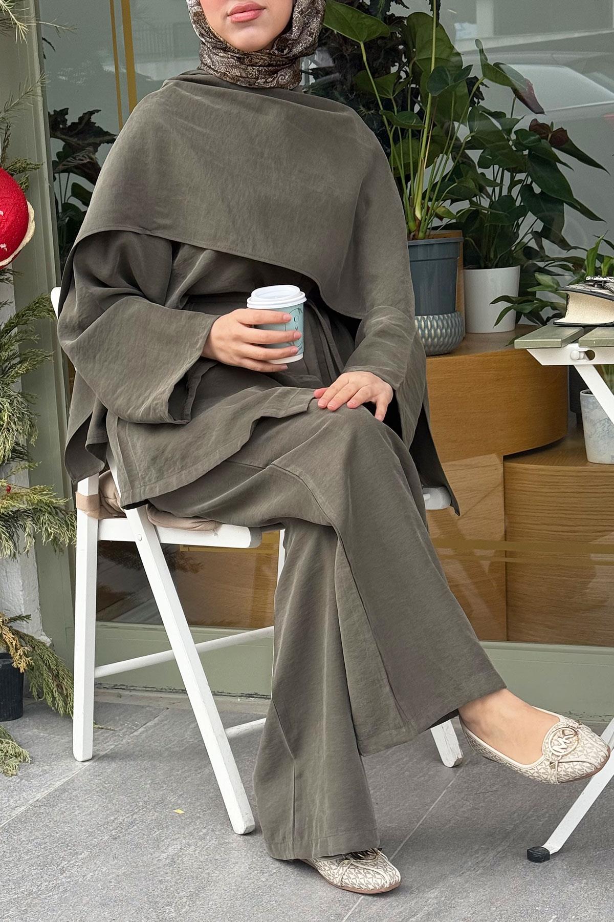 Premıum Atkı Detaylı Kemerli Kadın İkili Takım - Haki