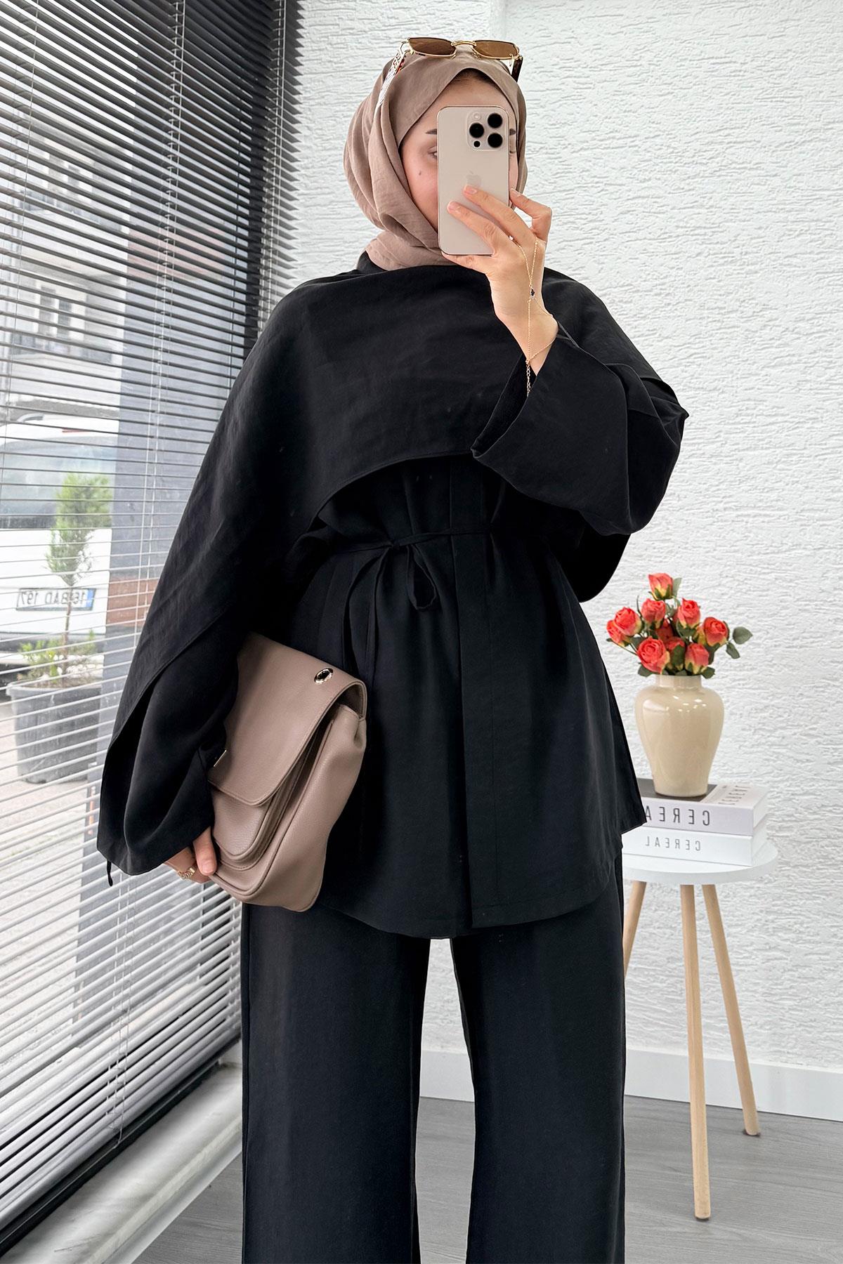 Premıum Atkı Detaylı Kemerli Kadın İkili Takım - Siyah