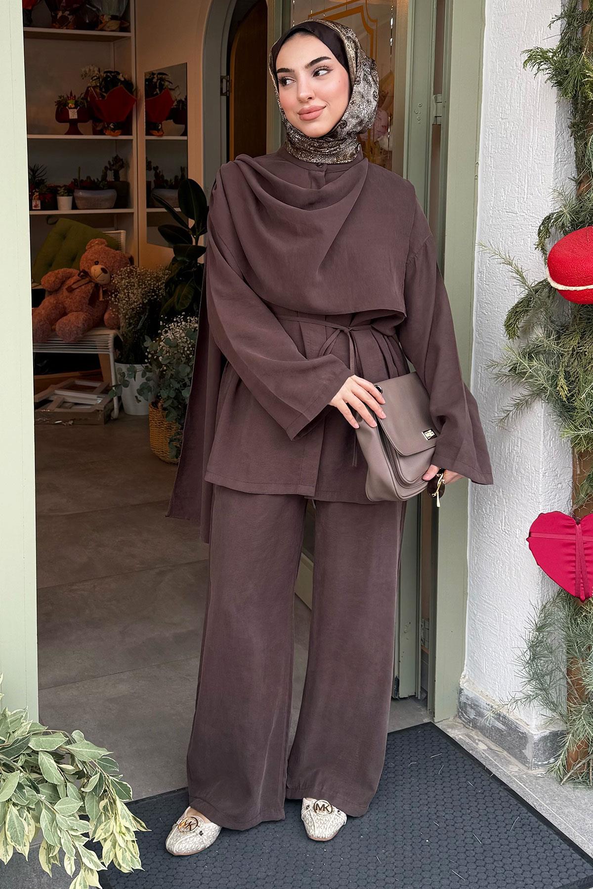 Premıum Atkı Detaylı Kemerli Kadın İkili Takım - Kahverengi