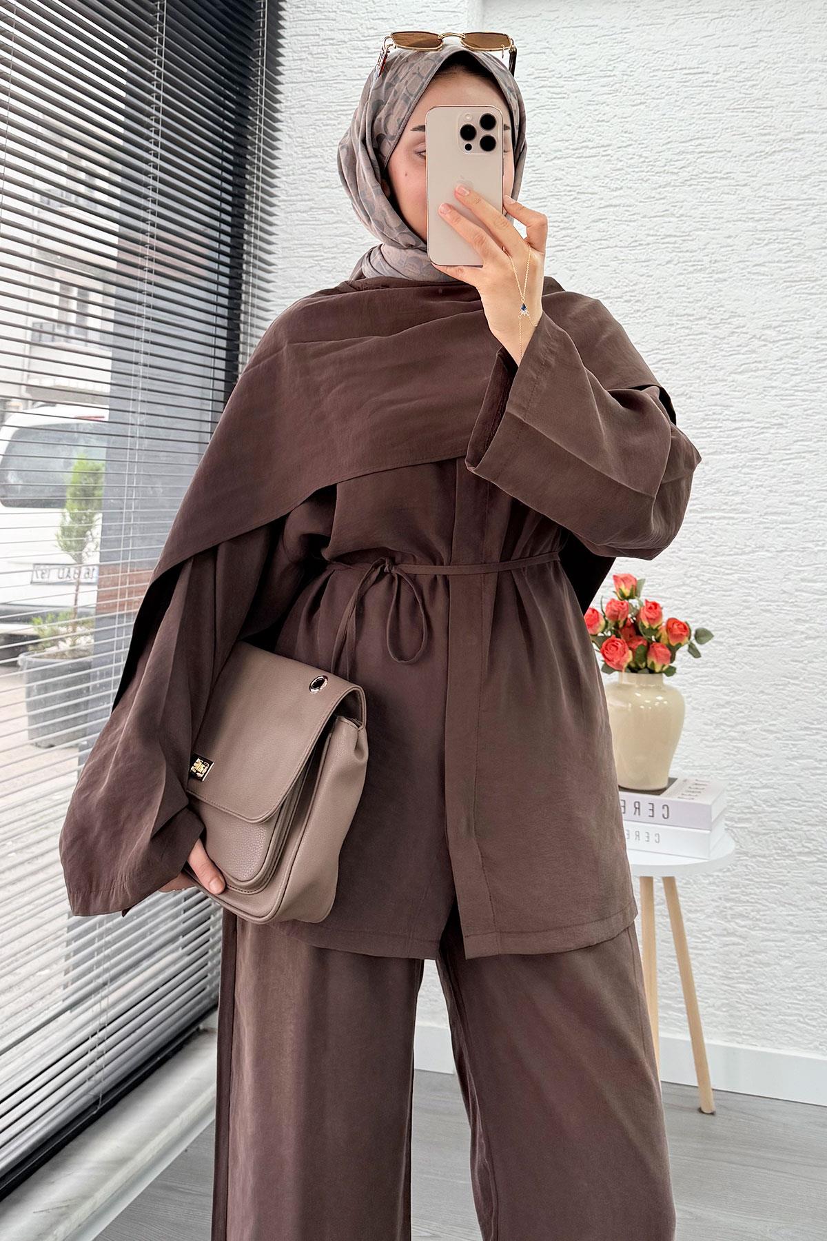 Premıum Atkı Detaylı Kemerli Kadın İkili Takım - Kahverengi