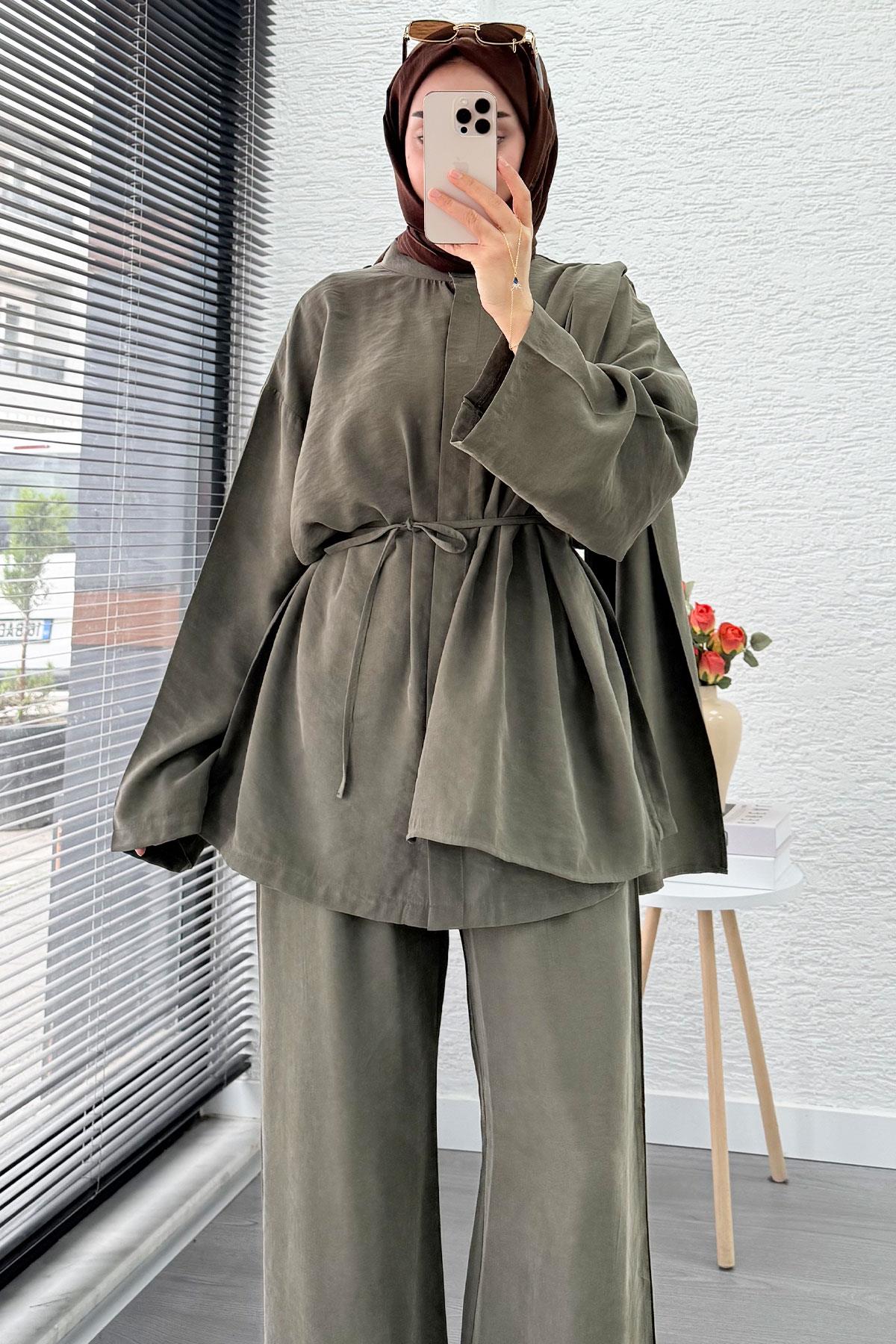 Premıum Atkı Detaylı Kemerli Kadın İkili Takım - Haki