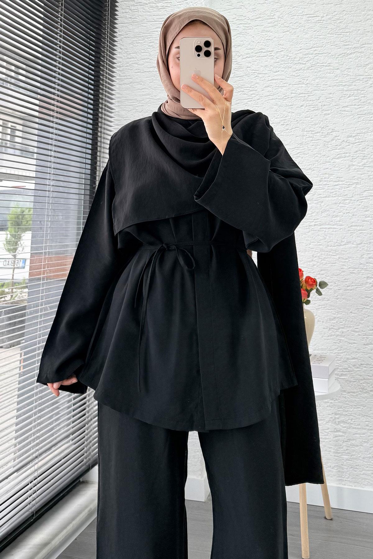 Premıum Atkı Detaylı Kemerli Kadın İkili Takım - Siyah