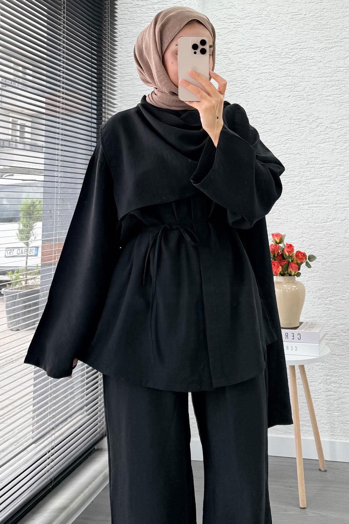 Premıum Atkı Detaylı Kemerli Kadın İkili Takım - Siyah