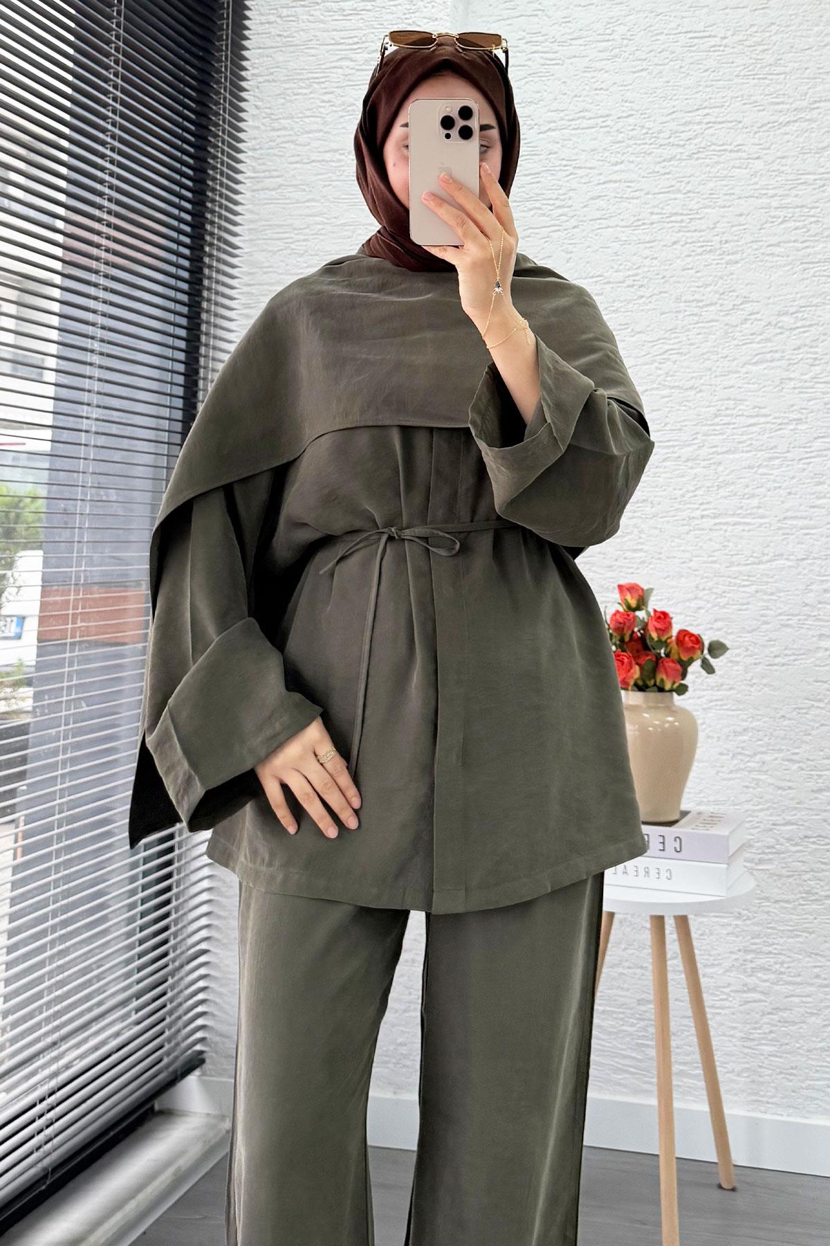 Premıum Atkı Detaylı Kemerli Kadın İkili Takım - Haki