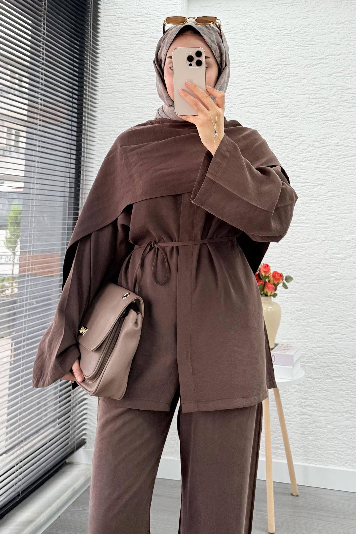 Premıum Atkı Detaylı Kemerli Kadın İkili Takım - Kahverengi