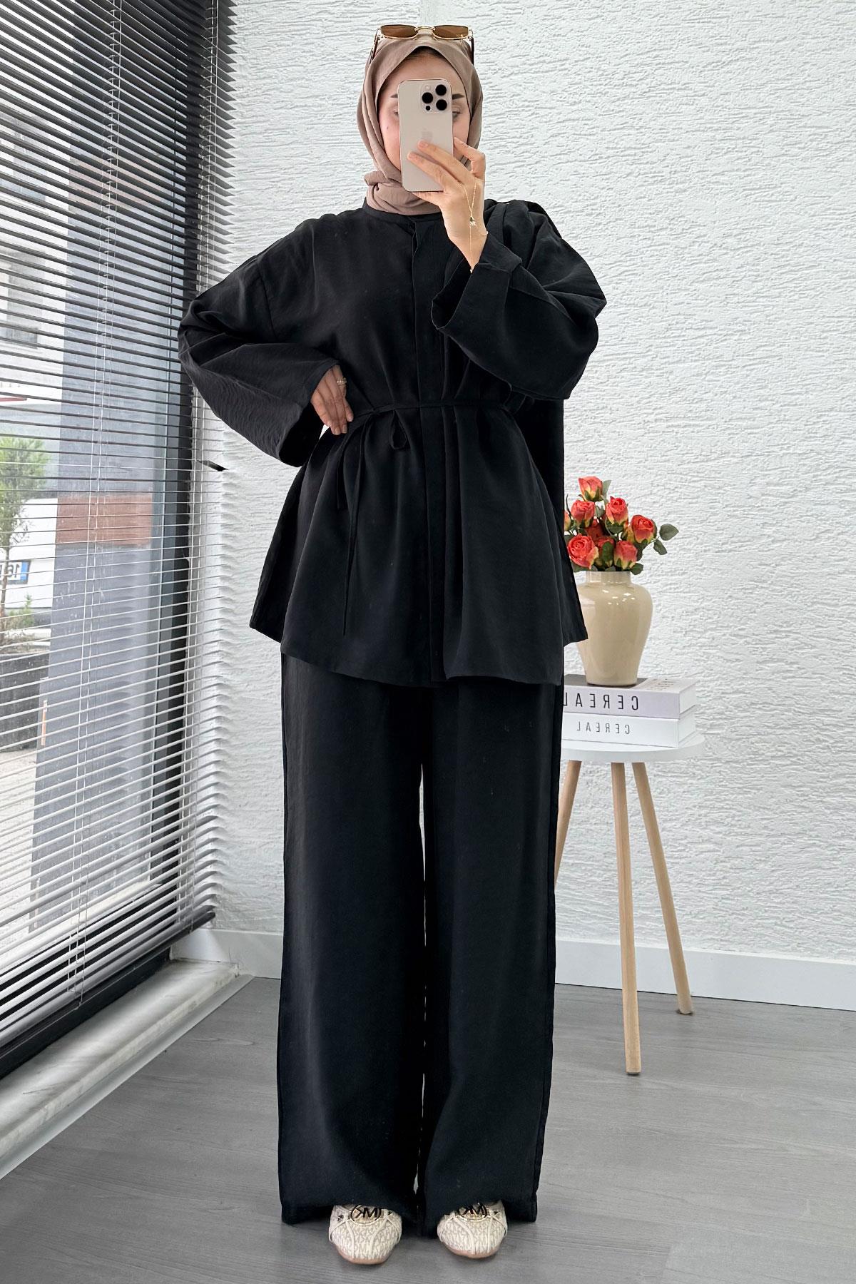 Premıum Atkı Detaylı Kemerli Kadın İkili Takım - Siyah