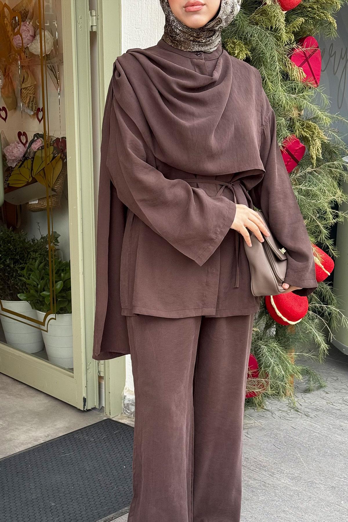 Premıum Atkı Detaylı Kemerli Kadın İkili Takım - Kahverengi