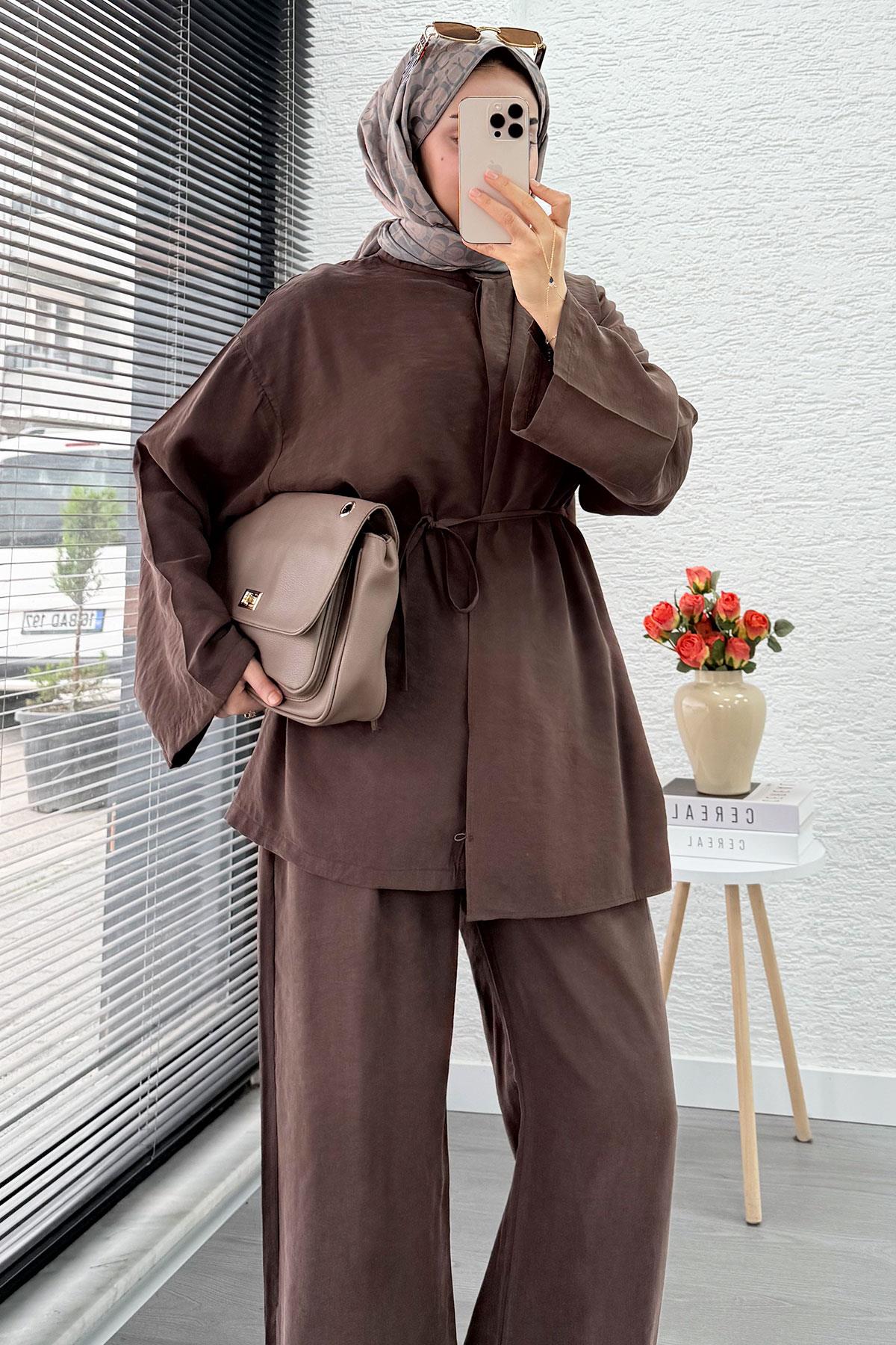 Premıum Atkı Detaylı Kemerli Kadın İkili Takım - Kahverengi