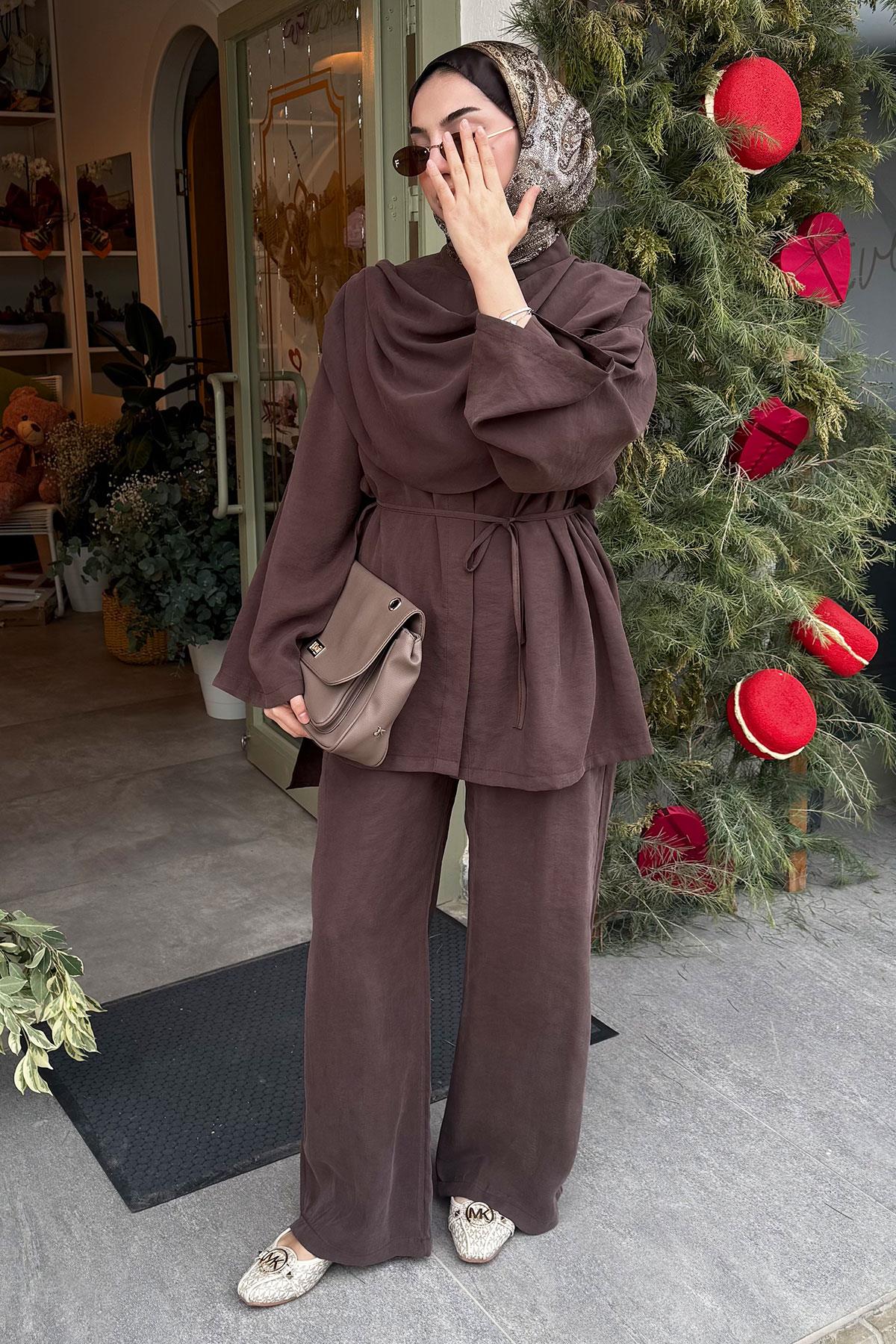 Premıum Atkı Detaylı Kemerli Kadın İkili Takım - Kahverengi