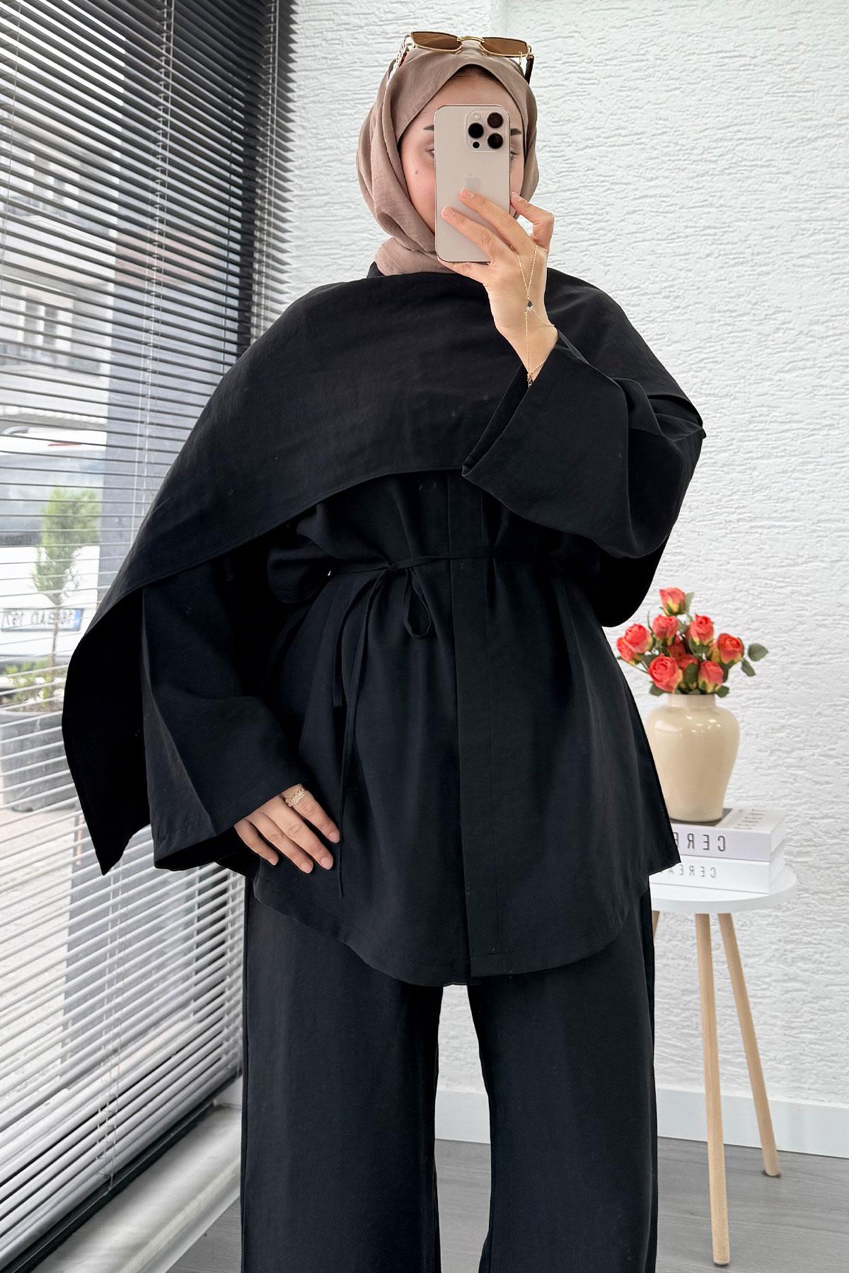 Premıum Atkı Detaylı Kemerli Kadın İkili Takım - Siyah