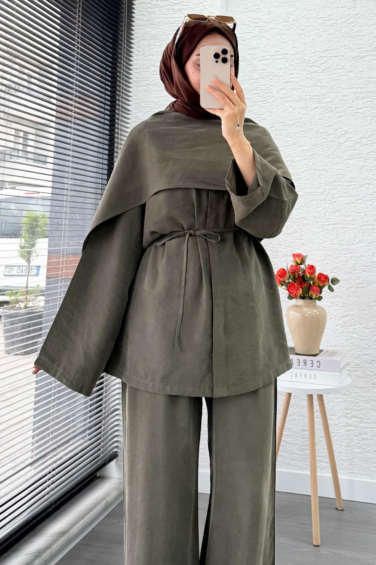 Premıum Atkı Detaylı Kemerli Kadın İkili Takım - Haki