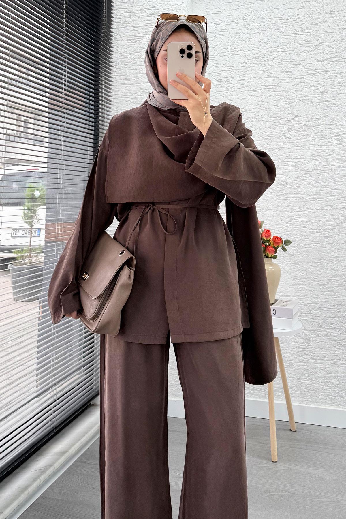 Premıum Atkı Detaylı Kemerli Kadın İkili Takım - Kahverengi