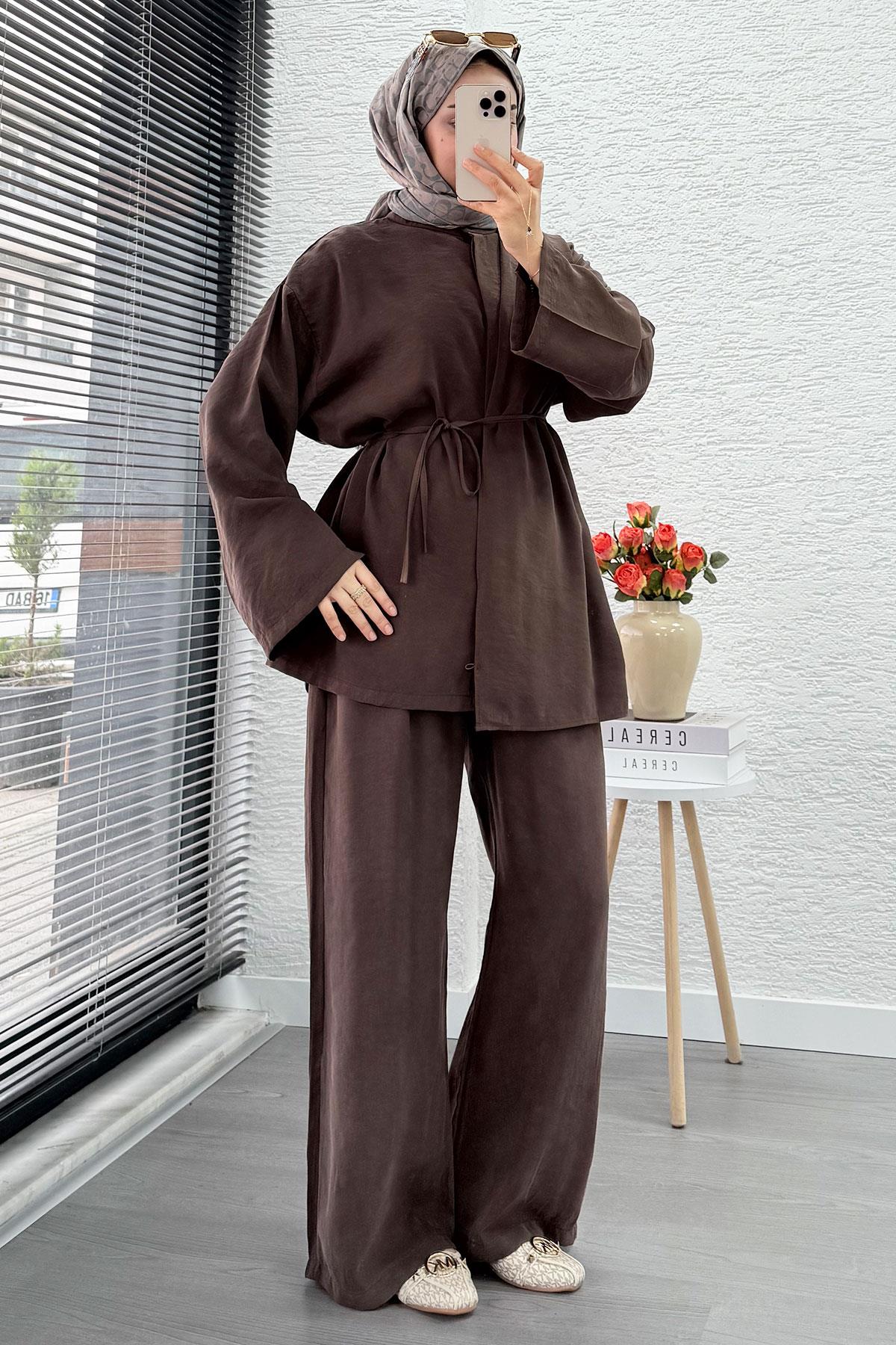 Premıum Atkı Detaylı Kemerli Kadın İkili Takım - Kahverengi