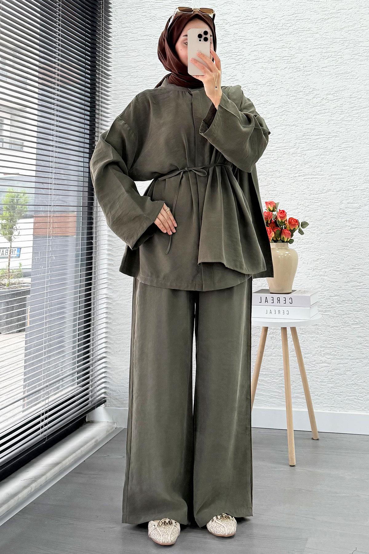 Premıum Atkı Detaylı Kemerli Kadın İkili Takım - Haki