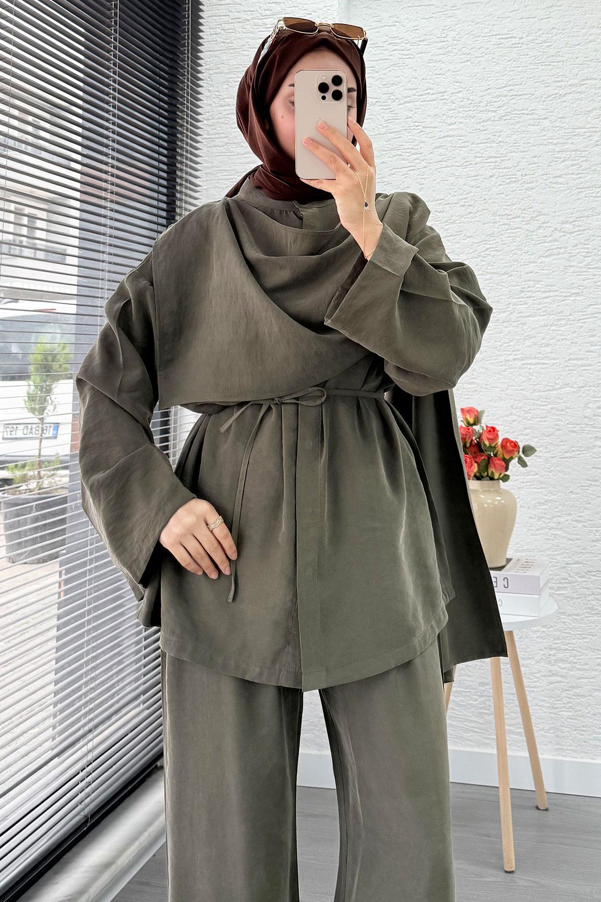 Premıum Atkı Detaylı Kemerli Kadın İkili Takım - Haki