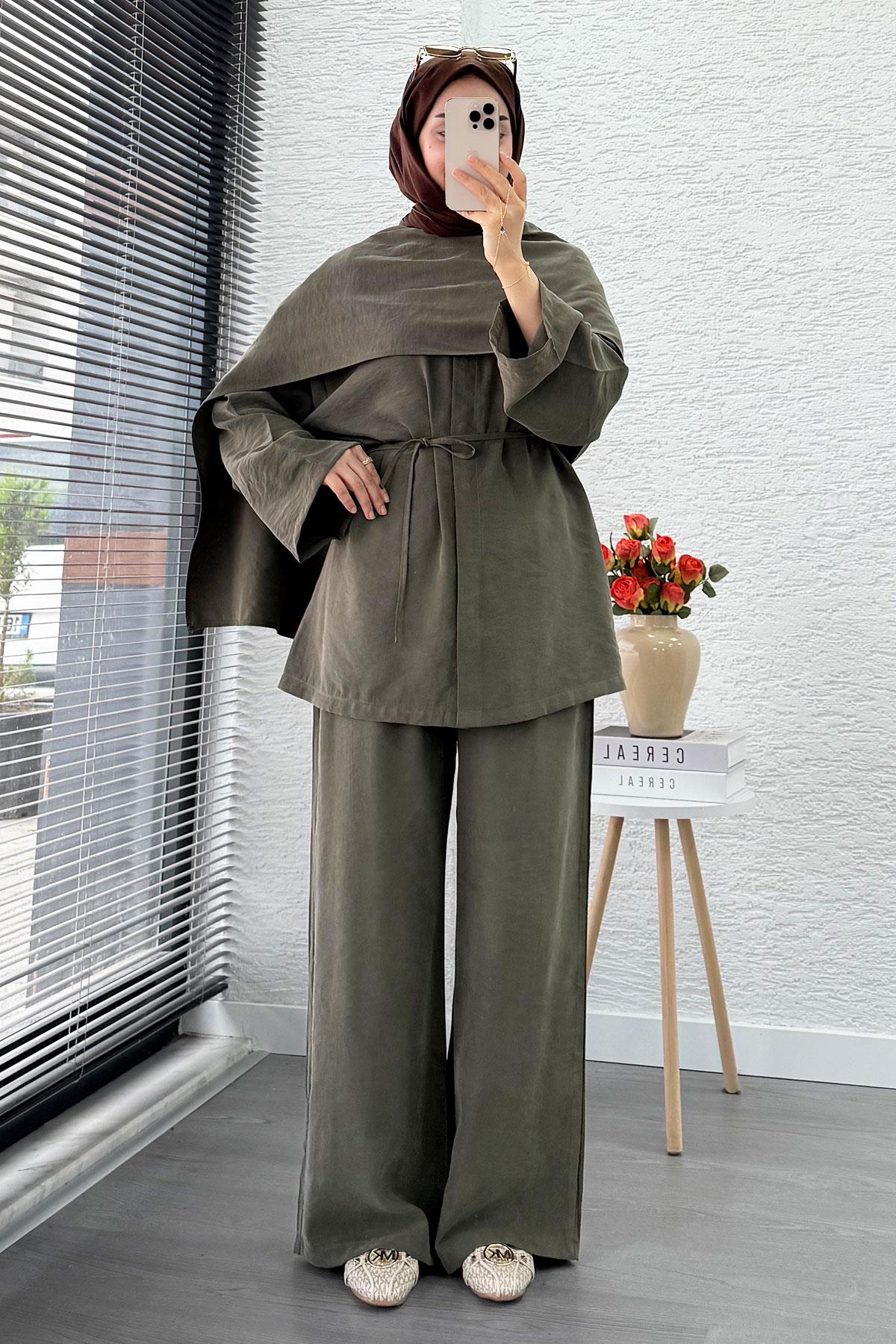 Premıum Atkı Detaylı Kemerli Kadın İkili Takım - Haki