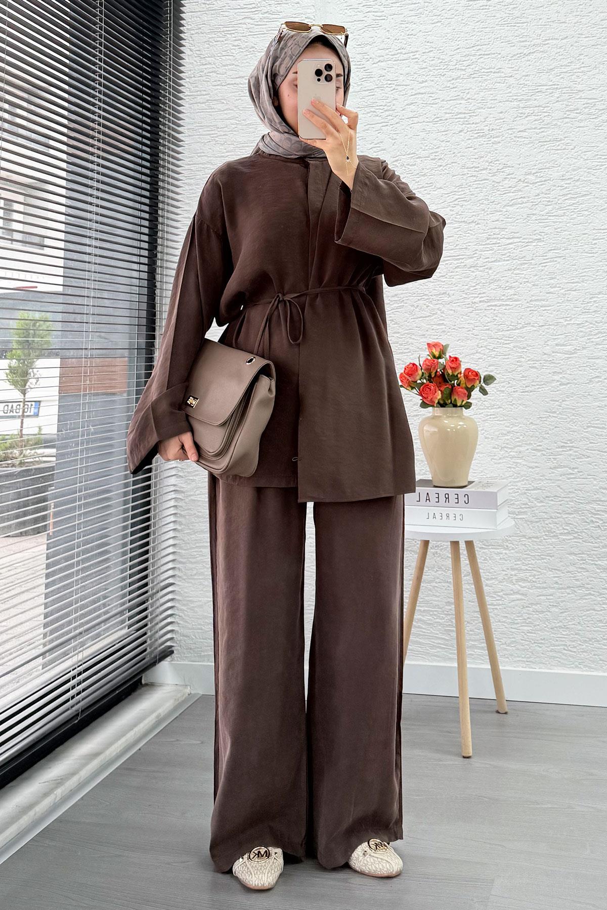 Premıum Atkı Detaylı Kemerli Kadın İkili Takım - Kahverengi