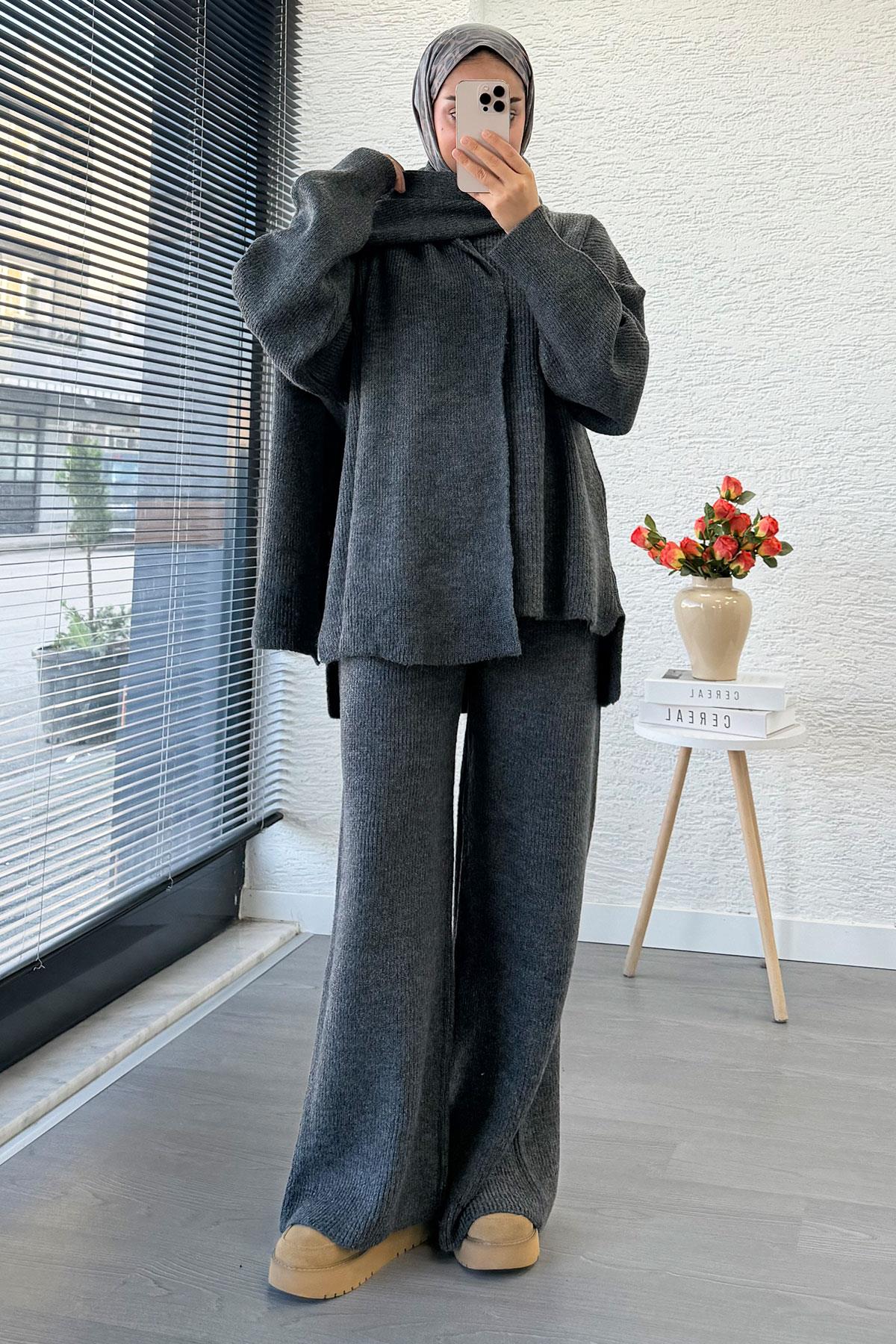 Premium Atkılı Kadın Triko Takım – Antrasit