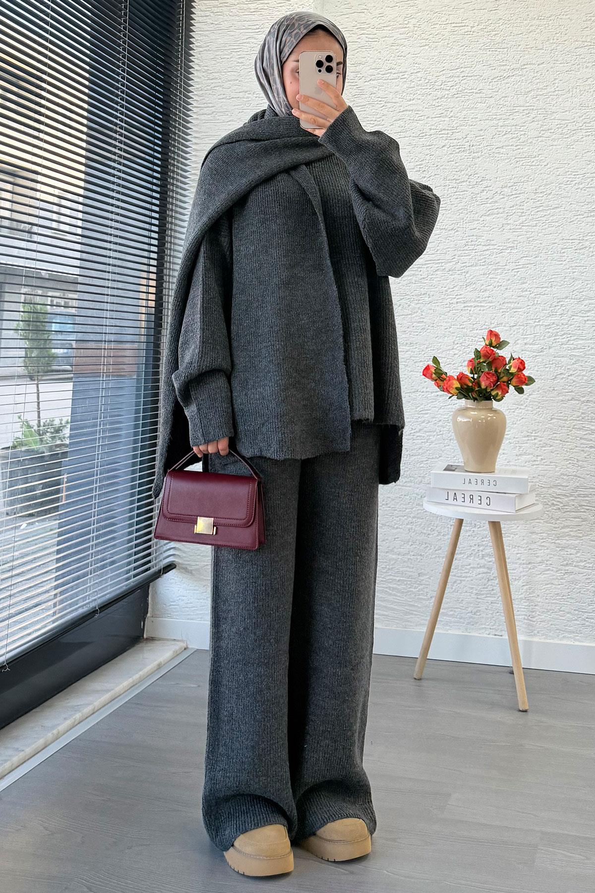 Premium Atkılı Kadın Triko Takım – Antrasit