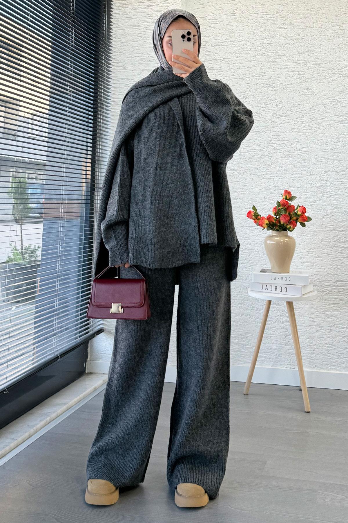 Premium Atkılı Kadın Triko Takım – Antrasit