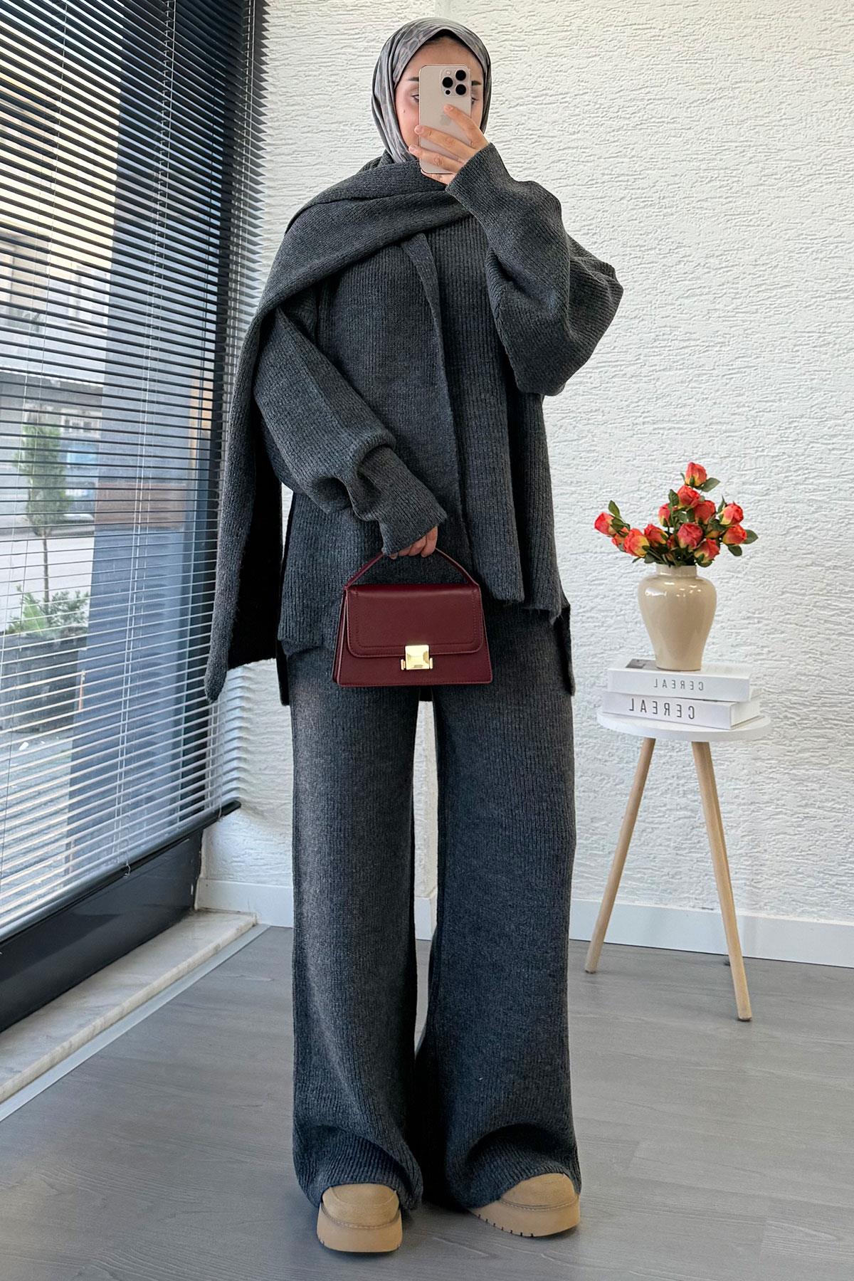 Premium Atkılı Kadın Triko Takım – Antrasit