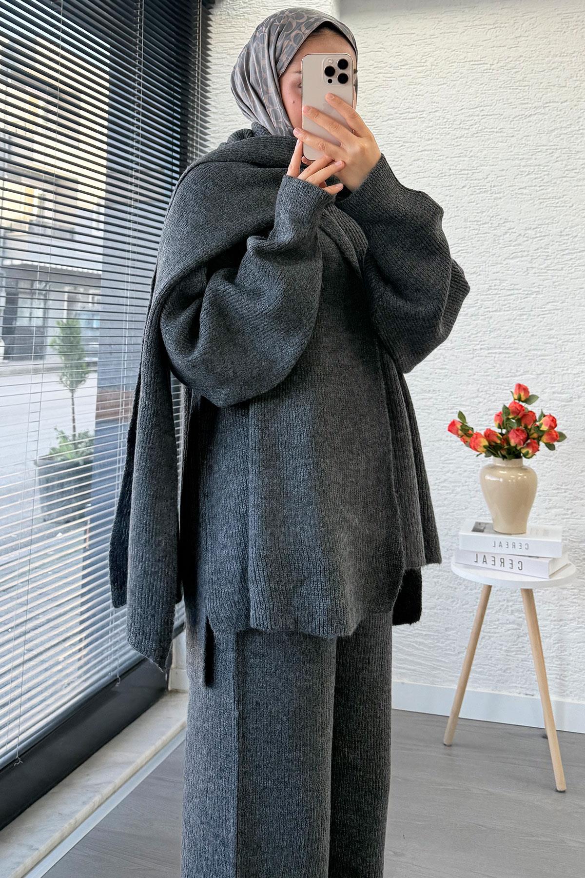 Premium Atkılı Kadın Triko Takım – Antrasit