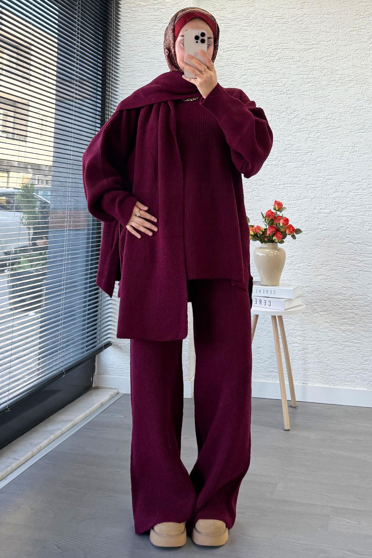 Premium Atkılı Kadın Triko Takım – Bordo