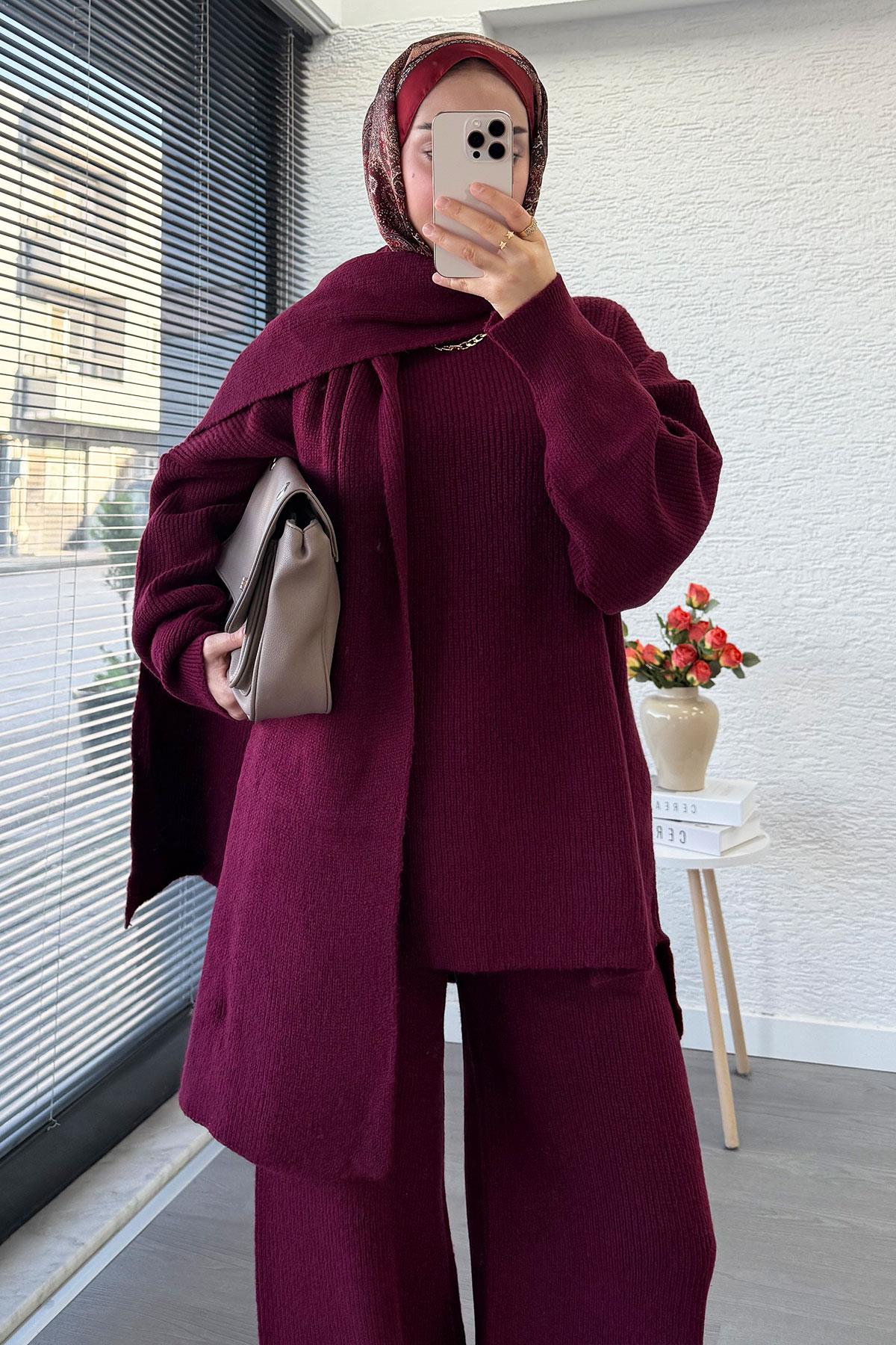 Premium Atkılı Kadın Triko Takım – Bordo