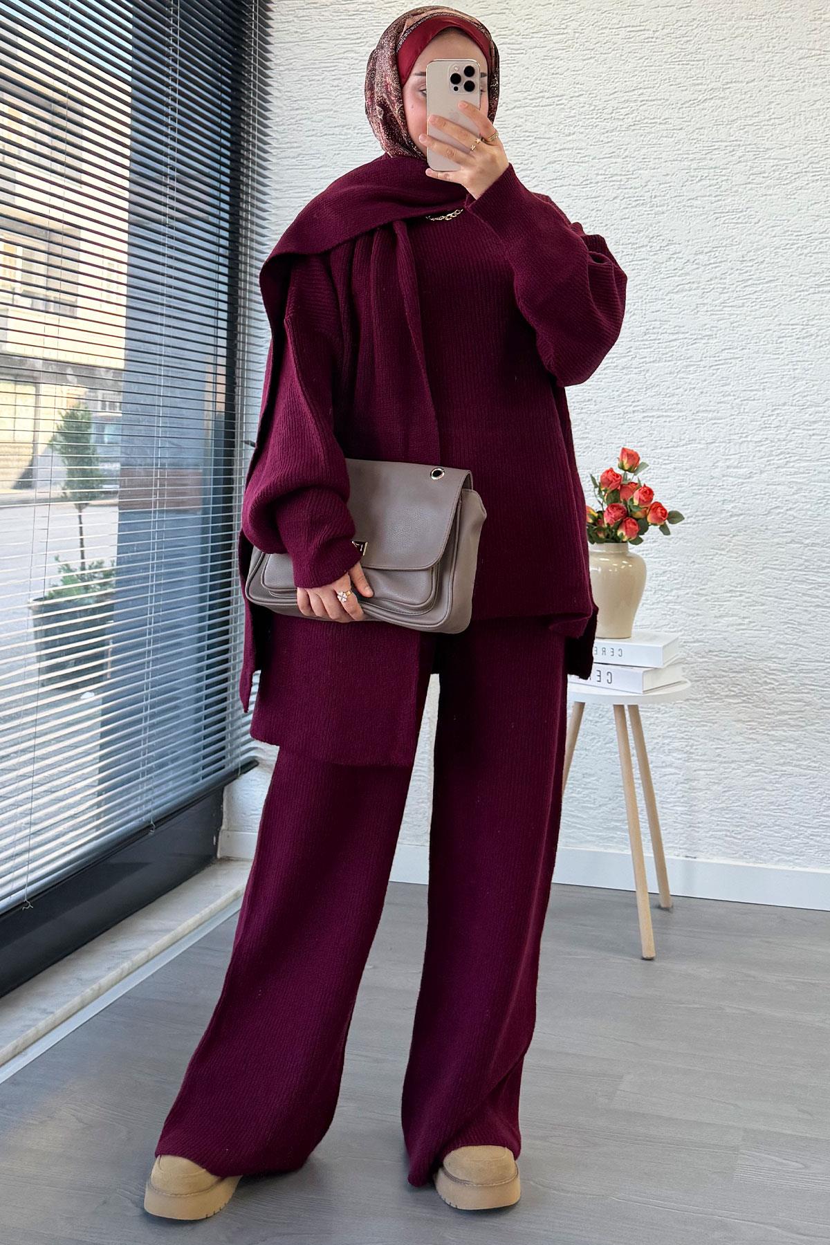 Premium Atkılı Kadın Triko Takım – Bordo